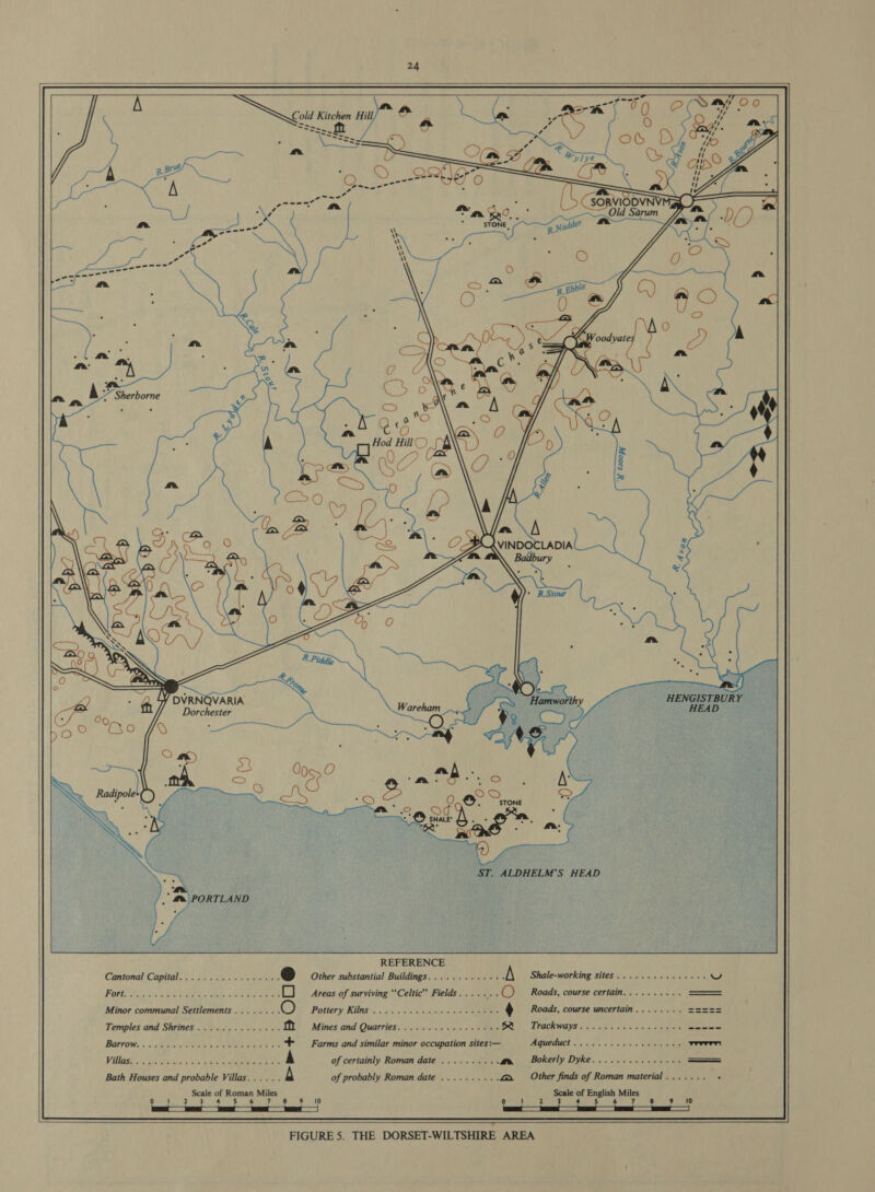       Hod Hill) VY aN  of certainly Roman date Bath Houses and probable Villas of probably Roman date Scale of Roman Miles 2 Cia ud 8 7 8 0 ! 6   FIGURE 5. THE DORSET-WILTSHIRE AREA