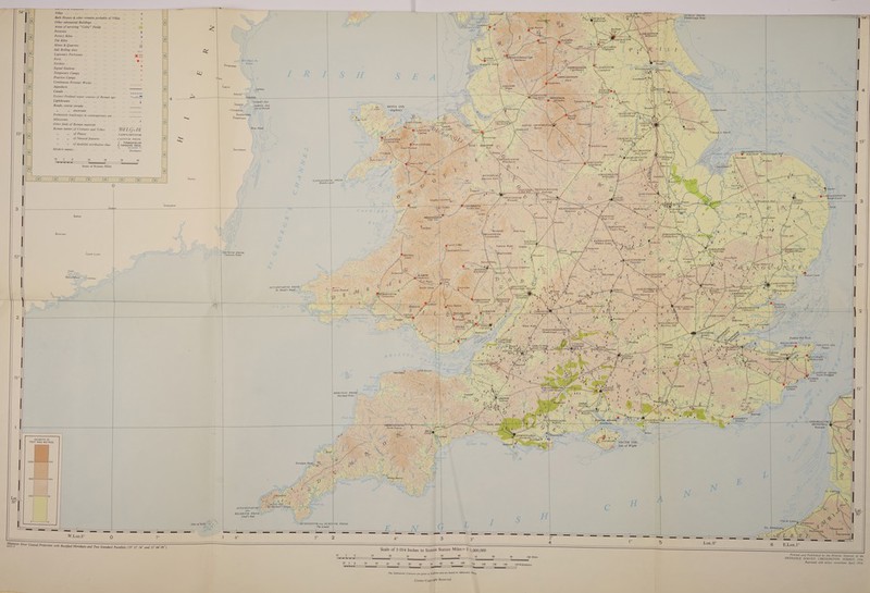                                                SS er Wry py ewes id Wl 7 . ‘7, Plontorngh Hood A Villas .. oe ma 56 Be 6 ry He y Bath Houses &amp; other remains probably of Villas 4 a 7 Other substantial Buildings A ra Areas of surviving “*Celtic’’ Fields &amp; 2 ’ Potteries 7 § { Pottery Kilns r) \ ° Tile Kilns 0 Sy Mines &amp; Quarries BA } | | Salt Boiling sites ante x&amp; \ Legionary Fortresses .. =o } | Forts &lt;= BVVINDA FL. Br, 4 tm @o , Boyne CAMBODYNVM ~ BE Noes Fortlets .. Newgrange | = __ Cleckheaton &gt; 2 \ ra ue bet Signal Stations a \ R Ne Temporary Camps = Q) ra I S Ns 7. S E A 4 / Practice Camps te a Tara Continuous Frontier Works .. +s on BO aes La Aqueducts 55 a oe ae 5 sy ee ae Canals .. at ete fe 3 a5 SG eee Extinct Fenland water courses of Roman age ne = i] uN ° Lighthouses... ag 38 A i eee —Wreland’s Bye a A = as 5 . ee Be me Dunsink ._ VADRVS. INS. 2 MONA INS. °” hy Roads, course certain . . Ghee mi “ fisle of Howth Holyhea ae coratn A \ 9 Anglesey. \SEGELOCV! e. ee. py londialkt (Fl Bay y PS pore + *Littleborough &amp; 6 &amp; . &lt; i vA , Rathfarnham { ne [oA Prehistoric trackways in contemporary use . . t4 be Templeogue )) \| * ©: Caer Gybl Milestones xo ae Pe. a Se “3 os L | \\ | yy ; \\ }| S : 1] % 4 hw Other finds of Roman material F oe en 34 O = Sa jal by =e oS Z A 4 ] ; } H } . n Nana le Marsh { | 1 AN * e \ ee + oy : H | . ne i Roman names of Civitates and Tribes a BELGAE ; \\ JW \ . y 2 N35F) , 3 } | aes iy ae Swe \ { i ——fa | : Ip eh » of Places i a .. CAMVLODVNVM | i ee 1O7 Vans 2 GC} ie \ x a A ae Bi Ay / » » Of Natural features .. .. CANTIVM PROM. eS re mapa te as , ot af of s % wa 5 4 . \ . AN :w AN ye es TVNNOCELVM 7 oe . ZFfuk YBOVIVM iH 46 L és » of doubtful attribution thus TARVEDVM PROM. | ba Bf ; . SY a} : ~ &gt; IAD \P BELISAMA FL. 4 Dahrebawn N) = fag t—S “bj Ke ; . ) East Stoke Modern names .. as as oe 56 «+ _ Dorchester ie P Wa P 8 oO : i B RO Ess ss NRT ¢ rel ky PRY : a : a Castle Hijll’ ? = Tre*r Ceiri © Lge vieas bya : ERVENTIO® ~~ a i 4 wo so 10 20 30 40 i 12 —_ Za eae = ; fis ¢ : Bi Gl Oh nee) 1 ee “biullechestér oft Rat —e! | i f Ali Y ‘ &lt;p A ; {3 f y : » ) SSF : Scale of Roman Miles Lae i pes a 4 ail SS Ui YY i / — E Sow a ola Vg f 2 br ’ . + F - = oo fe y pe Vv! 4 x p ref SRVTVNIVMG &lt;i : : eWfoushb @ | \ fs v™ Harcourt Park |) é Ye i       GANGANOR PROM. \ {= rs iy wil 2 §  Ocsrrfesssytesesr a] SS Jes Pes Wess rises ie                        Wh a ~~ Braich-y- RD 3 ‘ . a; i VXACONAs PENNOCRVCIVM, ji Red Hill “\s Penkridge ¢ Ss) - ga pee eat 3) ; J \irocontvm. © \ —-, r@) of # 1 —SWroxetee - SH a | . we ; &lt; of = WW Wall J Vea 3 i, : toa tiay ft : MANDVESSEDVM Golde he ‘ UEAD Man¢etter a? ‘ TEES Gg a         \Greensfored my \ _-MEDIOMANV! ~ ee ee pel ? la ae TRIPONTIVM.. shes mee Bay  - = es Bi Balline { RY a iS a ’ Wall-Town  _DVROVIGVTVM,                        ‘ ; 2 | Hl Stoneyford ; : = 1 p) Cardi gan %                             7 or ys } Re . A : ye p S yy FL-« Y i - \ ~\ popatianclesttr Buttevant : p silt ; L: ih ety : i st 0/8 BANNAVENTA\ 2 - Ra Ze Droitwich | f p-Whilion Lodge, = , oS Tedstone Wofer Grimley y “ Foy CI rion Pets y yt fx” Se Pay ; = he A ac ' l lackwardine PaCS ; — | SACRVM PROM. BREMIA * AS Horse Caray ee bs ( Carnsore Point ~~] Lantos, 3 [+5 b F i 52° ; Ps . 52 le fi t &gt; a is &amp; 2 i ‘ / roa “hy Stretton egvon nN r Sa |b J} : ts Qrecford B Pe Walton Castle | Cork We oY 0/ She i/{ = is iD : oh) Ballyphehane &gt; &lt;Cuskinny apse ‘ | J = Pa OCTAPITARVM PROM. &lt;2 St. David's Head a, 5 ya ee | BALESTV] : 4 ¥ a ' 8 non 9 Z          Korte bay) 4 i 2 j   Barn staple| | oF h 3 Biderorid Bay § HERCVLIS PROM. __ ¥ Hartland Point | 5          NEMETOSTATIO North Tawton \&lt;     HEIGHTS IN FEET AND METRES ro ll  Boat          Scilly ® Ny) P36 n Ligiees sive OCRINVM PROM. Isles of Wes The Lizard | Ei N H 1 =                          : ae a —— se $1.1 $$. $e $V 1 | 6° oe 2 4° 3     Scale of 1-014 Inches to Sixteen Statute Miles = 1:1 999,000 Printed and Published by the Director General of the ORDNANCE SURVEY, CHESSINGTON, SURREY, 1956. 50 60 80 90 100 Mil a a a i ee ee, ee, ee Reprinted with minor corrections April, 1956. 100 90 10 5 0 10 20 30 40 50 60 70 80 No 120 130 140 150 Kilometres The Submarine Contours are given in Fatloms and are based on Admiralty char, ini ; ae : ror a Error Conical Projection with Rectified Meridians and Two Standard Parallels (59° 31’ 24” and 51° 44’ 06)     Crown Copyright Reserved