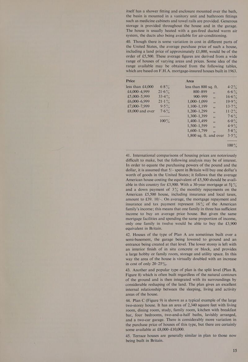 itself has a shower fitting and enclosure mounted over the bath, the basin is mounted in a vanitory unit and bathroom fittings such as medicine cabinets and towel rails are provided. Generous storage is provided throughout the house and in the garage. The house is usually heated with a gas-fired ducted warm air system, the ducts also being available for air-conditioning. 40. Though there is some variation in cost in different parts of the United States, the average purchase price of such a house, including a land price of approximately £1,000, would be of the order of £5,500. These average figures are derived from a wide range of houses of varying areas and prices. Some idea of the range available may be obtained from the following tables, which are based on F.H.A. mortgage-insured houses built in 1963.   Price Area less than £4,000 68% less than 800 sq. ft. 42% £4,000-4,999 21°67, 800-899 __,, 66% £5,000—5,999 33°47, 900-999 __—,, 16:6% £6,000-6,999 Dial, 1,000-1,099 __,, 19-9% £7,000-7,999 O57, 1,100-1,199 __,, 1 £8,000 and over 7:6% 1,200-1,299 __,, 11:27, 1,300-1,399 _,, Ov. 100% 1,400-1,499 ,, 60% 1,500-1,599 __,, 49% 1,600-1,799 _,, So, 1,800 sq. ft. and over 3:-5%  100%  41. International comparisons of housing prices are notoriously difficult to make, but the following analysis may be of interest. In order to equate the purchasing powers of the pound and the dollar, it is assumed that 5/— spent in Britain will buy one dollar’s worth of goods in the United States; it follows that the average American house costing the equivalent of £5,500 should be avail- able in this country for £3,900. With a 30-year mortgage at 54% and a down payment of 3% the monthly repayments on the American £5,500 house, including insurance and local taxes, amount to £39. 10/—. On average, the mortgage repayment and insurance and tax payment represent 16% of the American family’s income; this means that one family in three has sufficient income to buy an average price house. But given the same mortgage facilities and spending the same proportion of income, only one family in twelve would be able to buy the £3,900 equivalent in Britain. 42. Houses of the type of Plan A are sometimes built over a semi-basement, the garage being lowered to ground and an entrance being created at that level. The lower storey is left with an interior finish of in situ concrete or block, and provides a large hobby or family room, storage and utility space. In this way the area of the house is virtually doubled with an increase in cost of only 20-25%. 43. Another and popular type of plan is the split level (Plan B, Figure 8) which is often built regardless of the natural contours of the ground and is then integrated with its surroundings by considerable reshaping of the land. The plan gives an excellent internal relationship between the sleeping, living and activity areas of the house. 44. Plan C (Figure 9) is shown as a typical example of the large two-storey house. It has an area of 2,340 square feet with living room, dining room, study, family room, kitchen with breakfast bar, four bedrooms, two-and-a-half baths, lavishly arranged, and a two-car garage. There is considerably more variation in the purchase price of houses of this type, but there are certainly some available at £8,000-—£10,000. 45. Terrace houses are generally similar in plan to those now being built in Britain.