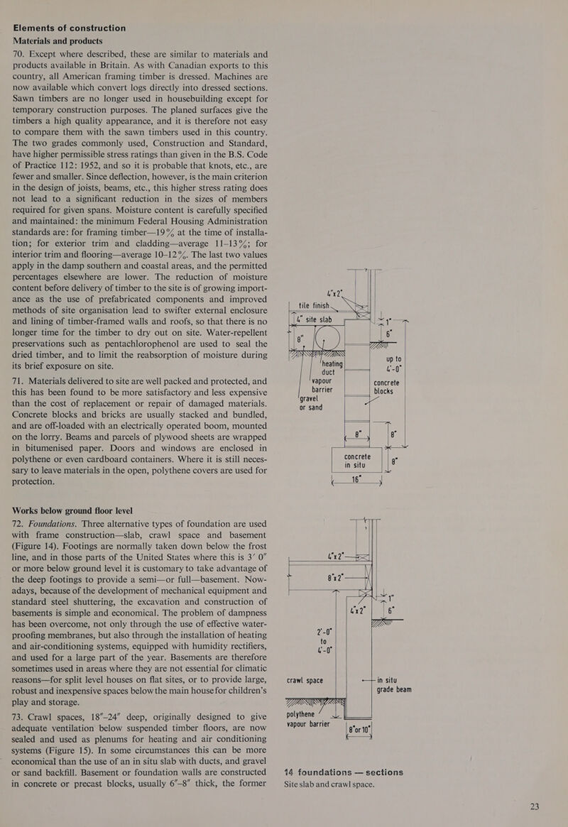 Elements of construction Materials and products 70. Except where described, these are similar to materials and products available in Britain. As with Canadian exports to this country, all American framing timber is dressed. Machines are now available which convert logs directly into dressed sections. Sawn timbers are no longer used in housebuilding except for temporary construction purposes. The planed surfaces give the timbers a high quality appearance, and it is therefore not easy to compare them with the sawn timbers used in this country. The two grades commonly used, Construction and Standard, have higher permissible stress ratings than given in the B.S. Code of Practice 112: 1952, and so it is probable that knots, etc., are fewer and smaller. Since deflection, however, is the main criterion in the design of joists, beams, etc., this higher stress rating does not lead to a significant reduction in the sizes of members required for given spans. Moisture content is carefully specified and maintained: the minimum Federal Housing Administration standards are: for framing timber—19°% at the time of installa- tion; for exterior trim and cladding—average 11-13%; for interior trim and flooring—average 10-12°%. The last two values apply in the damp southern and coastal areas, and the permitted percentages elsewhere are lower. The reduction of moisture content before delivery of timber to the site is of growing import- ance as the use of prefabricated components and improved methods of site organisation lead to swifter external enclosure and lining of timber-framed walls and roofs, so that there is no longer time for the timber to dry out on site. Water-repellent preservations such as pentachlorophenol are used to seal the dried timber, and to limit the reabsorption of moisture during its brief exposure on site. 71. Materials delivered to site are well packed and protected, and this has been found to be more satisfactory and less expensive than the cost of replacement or repair of damaged materials. Concrete blocks and bricks are usually stacked and bundled, and are off-loaded with an electrically operated boom, mounted on the lorry. Beams and parcels of plywood sheets are wrapped in bitumenised paper. Doors and windows are enclosed in polythene or even cardboard containers. Where it is still neces- sary to leave materials in the open, polythene covers are used for protection. Works below ground floor level 72. Foundations. Three alternative types of foundation are used with frame construction—slab, crawl space and basement (Figure 14). Footings are normally taken down below the frost line, and in those parts of the United States where this is 3’ 0” or more below ground level it is customary to take advantage of the deep footings to provide a semi—or full—basement. Now- adays, because of the development of mechanical equipment and standard steel shuttering, the excavation and construction of basements is simple and economical. The problem of dampness has been overcome, not only through the use of effective water- proofing membranes, but also through the installation of heating and air-conditioning systems, equipped with humidity rectifiers, and used for a large part of the year. Basements are therefore sometimes used in areas where they are not essential for climatic reasons—for split level houses on flat sites, or to provide large, robust and inexpensive spaces below the main house for children’s play and storage. 73. Crawl spaces, 18’—24” deep, originally designed to give adequate ventilation below suspended timber floors, are now sealed and used as plenums for heating and air conditioning systems (Figure 15). In some circumstances this can be more economical than the use of an in situ slab with ducts, and gravel or sand backfill. Basement or foundation walls are constructed in concrete or precast blocks, usually 6’—8” thick, the former   x2 tile finish 4.” site slab         heatin pose duct ooo 4-0 vapour barrier gravel or sand   concrete blocks                 in situ grade beam crawl space    polythene iy le vapour barrier or 10 14 foundations — sections Site slab and crawl space. 