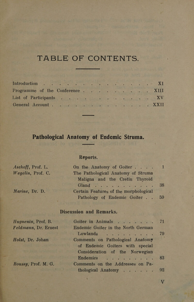 TABLE OF CONTENTS. Introduction Programme of the Conference . List of Participants General Account . Pathological Anatomy of Endemic Struma. Reports. Aschoff, Prof. L. On the Anatomy of Goiter . : Wegelin, Prof. C. The Pathological Anatomy of Struma Maligna and the Cretin Thyroid Gland ; Marine, Dr. D. Certain Features of the riot Eto pteal Pathology of Endemic Goiter . Discussion and Remarks. Huguenin, Prof. B. Goiter in Animals Feldmann, Dr. Ernest Endemic Goiter in the North Seriat Lowlands 7 Holst, Dr. Johan Comments on Pathological nati’ of Endemic Goiters with special Consideration of the Norwegian Endemics : Roussy, Prof. M. G. Comments on the A Nironeae on Pa- | thological Anatomy XI XIII XV XXII 38 59 71 79 83 92