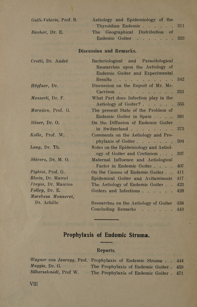 \ Bircher, Dr. E. Crotti, Dr. André Hépjfner, Dr. Messerli, Dr. F. Maranon, Prof. G. Sliner, Dr. O. Kolle, Prof. W. Lang, Dr. Th. Shivers, Dr. M. O. Pighini, Prof. G. Rhein, Dr. Marcel Freyss, Dr. Maurice Folley, Dr. E. Dr. Achille Aetiology and Epidemiology of the Thyroidian Endemic . mes The Geographical Distribution — of Endemic Goiter Bacteriological and _ Parasitological Researches upon the Aetiology of Endemic Goiter and Experimental Results Page ee re . Discussion on the Report of Mr. Me- Carrison Aetiology of Goiter? . The present State of the Provigth of Endemic Goiter in Spain. . . ,. On the Diffusion of Endemic Goiter in Switzerland . : Comments on the Aetiology and Pro- phylaxis of Goiter . Notes on the Epidemiology itd Aetiol- ogy of Goiter and Cretinism . Maternal Influence and Aetiological Factor in Endemic Goiter . Epidemical Goiter and Avitaminosis The Aetiology of Endemic Goiter . Goiters and Infeetions . Concluding Remarks  Reports. Muggia, Dr. G. Vill The Prophylaxis of Endemic Goiter. . The Prophylaxis of Endemic Goiter . 311 323 342 302 300 361 375 394 397 407 411 417 423 428 438 444 459 471