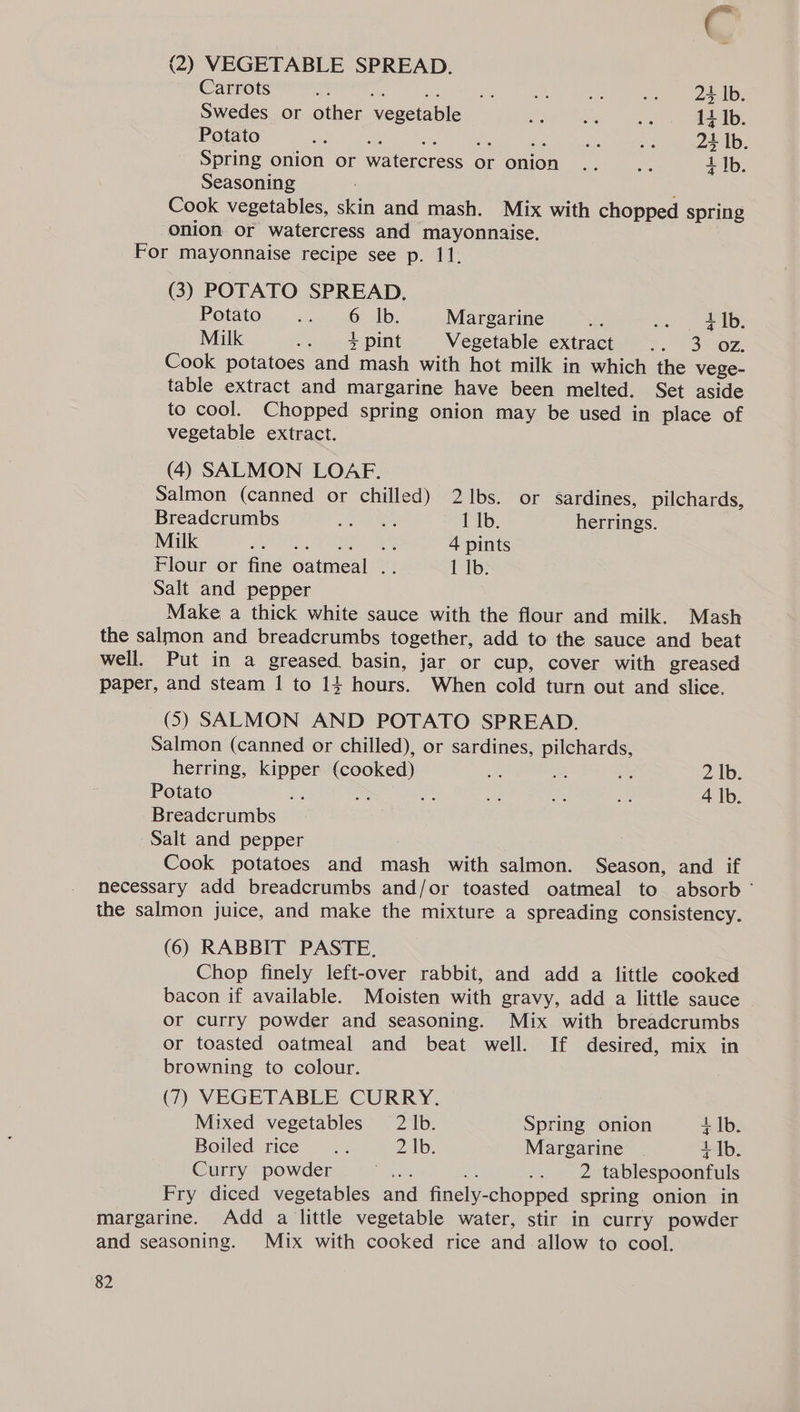 ¢ (2) VEGETABLE SPREAD. Carrots 5 as “an a “) a we 2D: Swedes or other vegetable re ate ne 14 Ib. Potato =, a as hes a a Pe 24 Ib. Spring onion or watercress or onion .. oe 4 Ib. Seasoning Cook vegetables, skin and mash. Mix with chopped spring onion or watercress and mayonnaise. For mayonnaise recipe see p. 11. (3) POTATO SPREAD. Potato... &lt;... 26 ib. Margarine &lt;7 342 ae: Milk ise &gt; pint Vegetable extract .. 3 oz. Cook potatoes and mash with hot milk in which the vege- table extract and margarine have been melted. Set aside to cool. Chopped spring onion may be used in place of vegetable extract. (4) SALMON LOAF. Salmon (canned or chilled) 21bs. or sardines, pilchards, Breadcrumbs si 1 Ib. herrings. Milk ER, ST Re 4 pints Flour or fine oatmeal .. 1 Ib. Salt and pepper Make a thick white sauce with the flour and milk. Mash the salmon and breadcrumbs together, add to the sauce and beat well, Put in a greased basin, jar or cup, cover with greased paper, and steam 1 to 14 hours. When cold turn out and slice. (5) SALMON AND POTATO SPREAD. Salmon (canned or chilled), or sardines, pilchards, herring, kipper (cooked) “3 ie oF 2 Ib. Potato _ s te me. 4 lb. Breadcrumbs Salt and pepper Cook potatoes and mash with salmon. Season, and if necessary add breadcrumbs and/or toasted oatmeal to absorb © the salmon juice, and make the mixture a spreading consistency. (6) RABBIT PASTE. Chop finely left-over rabbit, and add a little cooked bacon if available. Moisten with gravy, add a little sauce or curry powder and seasoning. Mix with breadcrumbs or toasted oatmeal and beat well. If desired, mix in browning to colour. (7) VEGETABLE CURRY. Mixed vegetables 2 lb. Spring onion + Ib. Boiled rice .. Ve \hoy Margarine + Ib. Curry powder Ao a 2 tablespoonfuls Fry diced vegetables and finely-chopped spring onion in margarine. Add a little vegetable water, stir in curry powder and seasoning. Mix with cooked rice and allow to cool.