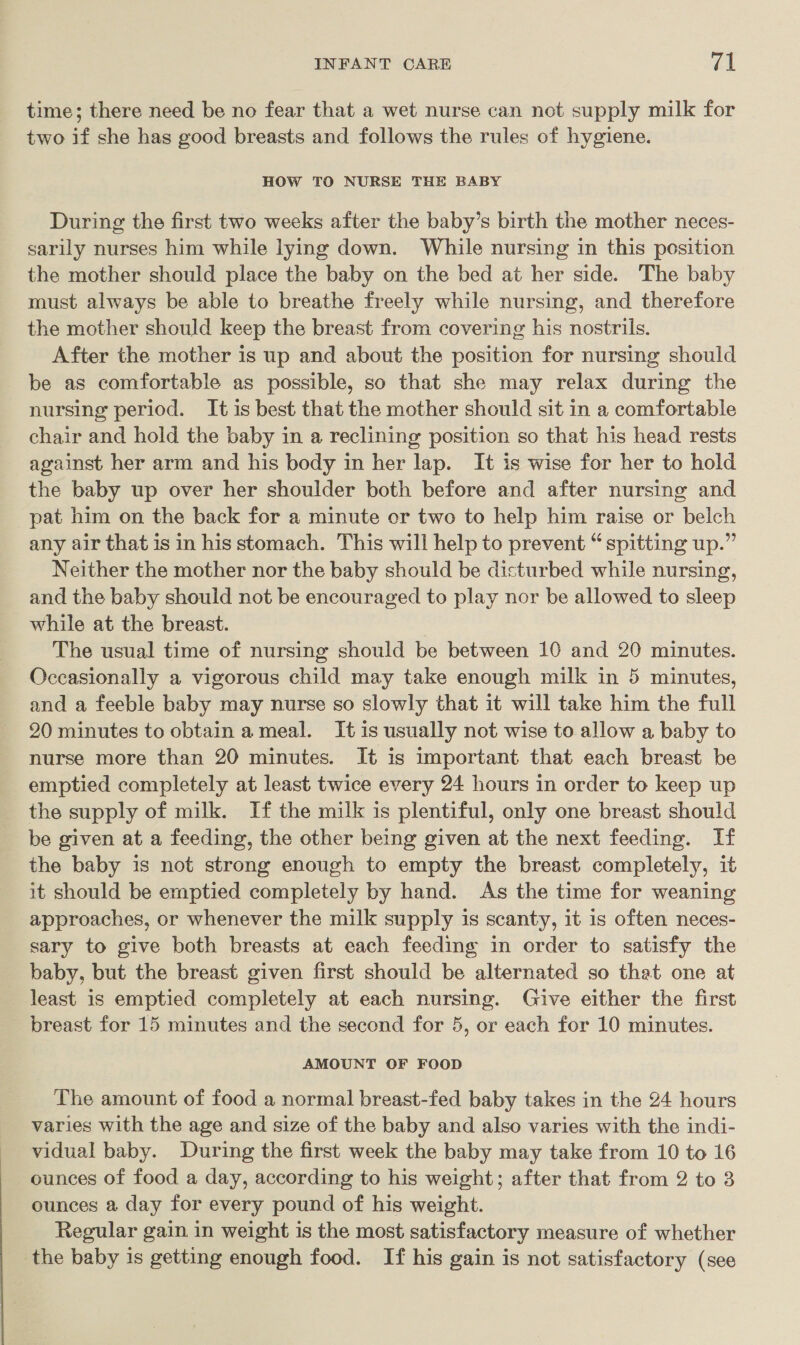 time; there need be no fear that a wet nurse can not supply milk for two if she has good breasts and follows the rules of hygiene. HOW TO NURSE THE BABY During the first two weeks after the baby’s birth the mother neces- sarily nurses him while lying down. While nursing in this position the mother should place the baby on the bed at her side. The baby must always be able to breathe freely while nursing, and therefore the mother should keep the breast from covering his nostrils. After the mother is up and about the position for nursing should be as comfortable as possible, so that she may relax during the nursing period. It is best that the mother should sit in a comfortable chair and hold the baby in a reclining position so that his head rests against her arm and his body in her lap. It is wise for her to hold the baby up over her shoulder both before and after nursing and pat him on the back for a minute or two to help him raise or belch any air that is in his stomach. This will help to prevent “ spitting up.” Neither the mother nor the baby should be disturbed while nursing, and the baby should not be encouraged to play nor be allowed to sleep while at the breast. The usual time of nursing should be between 10 and 20 minutes. Occasionally a vigorous child may take enough milk in 5 minutes, and a feeble baby may nurse so slowly that it will take him the full 20 minutes to obtain a meal. It is usually not wise to allow a baby to nurse more than 20 minutes. It is important that each breast be emptied completely at least twice every 24 hours in order to keep up the supply of milk. If the milk is plentiful, only one breast should be given at a feeding, the other being given at the next feeding. If the baby is not strong enough to empty the breast completely, it it should be emptied completely by hand. As the time for weaning approaches, or whenever the milk supply is scanty, it is often neces- sary to give both breasts at each feeding in order to satisfy the baby, but the breast given first should be alternated so that one at least is emptied completely at each nursing. Give either the first breast for 15 minutes and the second for 5, or each for 10 minutes. AMOUNT OF FOOD The amount of food a normal breast-fed baby takes in the 24 hours varies with the age and size of the baby and also varies with the indi- vidual baby. During the first week the baby may take from 10 to 16 ounces of food a day, according to his weight; after that from 2 to 3 ounces a day for every pound of his weight. Regular gain in weight is the most satisfactory measure of whether the baby is getting enough food. If his gain is not satisfactory (see