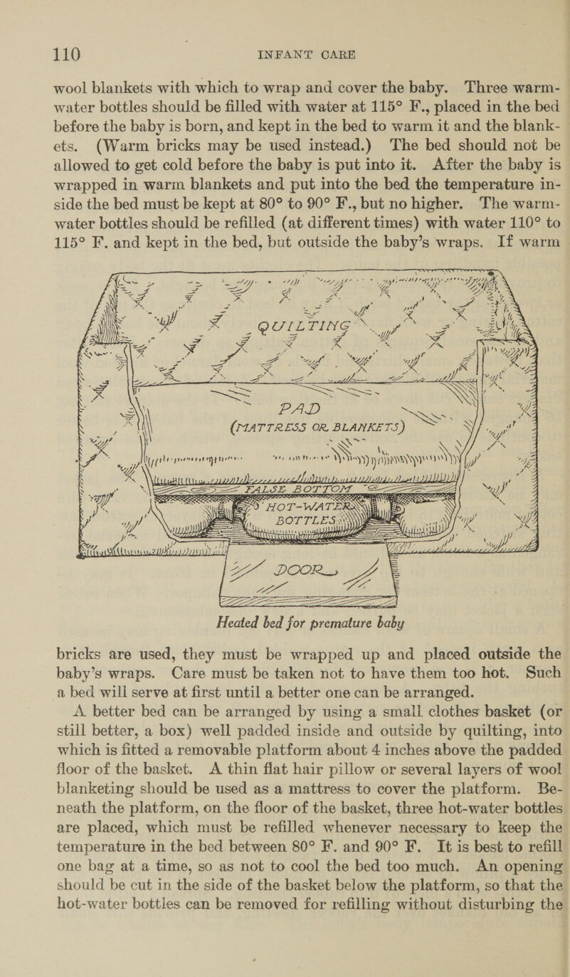 wool blankets with which to wrap and cover the baby. Three warm- water bottles should be filed with water at 115° F., placed in the bed © before the baby is born, and kept in the bed to warm it and the blank- | ets. (Warm bricks may be used instead.) The bed should not be allowed to get cold before the baby is put into it. After the baby is wrapped in warm blankets and put into the bed the temperature in- side the bed must be kept at 80° to 90° F., but no higher. The warm- water bottles should be refilled (at different times) with water 110° to 115° F. and kept in the bed, but outside the baby’s wraps. If warm   Si 4 ‘ S od fife. “eyes racee 5 ~ a (MATTRESS OR. BLANKETS) SS SENN ‘ SY bse SES bie nyV) Vee iq) i) HMA) 7 PED a EE Heated bed jor premature baby bricks are used, they must be wrapped up and placed outside the baby’s wraps. Care must be taken not to have them too hot. Such a bed will serve at first until a better one can be arranged. A. better bed can be arranged by using a small clothes basket (or still better, a box) well padded inside and outside by quilting, into which is fitted a removable platform about 4 inches above the padded floor of the basket. A thin flat hair pillow or several layers of wool blanketing should be used as a mattress to cover the platform. Be- neath the platform, on the floor of the basket, three hot-water bottles are placed, which must be refilled whenever necessary to keep the temperature in the bed between 80° F. and 90° F. It is best to refill one bag at a time, so as not to cool the bed too much. An opening should be cut in the side of the basket below the platform, so that the hot-water bottles can be removed for refilling without disturbing the