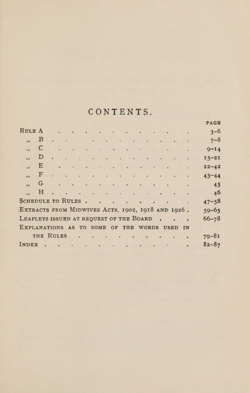 CON TENTS: PAGE Rute A 3-6 » 2» 7-8 Tae. © : ; : : ; 5 : f ; 9-14 xe Dy | : ; : ; : ; ‘ ; : 15-21 2 a 22-42 es 43-44 2G 45 te. a ; : ; 46 ScrpouLn £O RULES. 6. ew : 47-58 -EXTRACTS FROM MIDWIVES ACTS, 1902, 1918 AND 1926. 59-65 LEAFLETS ISSUED AT REQUEST OF THE BOARD . . . 66-78 EXPLANATIONS AS TO SOME OF THE WORDS USED IN THE RULES ; ‘ : ; ; : ; ‘ ‘ 79-81 INDEX . ; . ‘ , 3 . : . : 82-87