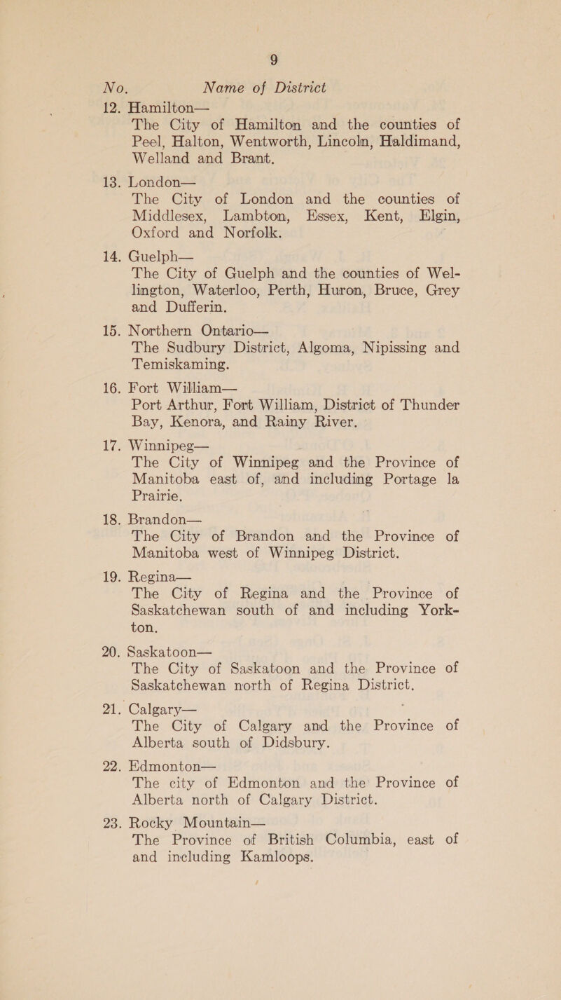 Name of District Hamilton— | The City of Hamilton and the counties of Peel, Halton, Wentworth, Lincoln, Haldimand, Welland and Brant. London— The City of London and the counties of Middlesex, Lambton, Essex, Kent, Elgin, Oxford and Norfolk. . Guelph— The City of Guelph and the counties of Wel- lington, Waterloo, Perth, Huron, Bruce, Grey and Dufferin. Northern Ontario— The Sudbury District, Algoma, Nipissing and Temiskaming. Fort William— Port Arthur, Fort William, District of Thunder Bay, Kenora, and Rainy River. Winnipeg— The City of Winnipeg and the Province of Manitoba east of, and including Portage la Prairie. Brandon— The City of Brandon and the Province of Manitoba west of Winnipeg District. Regina— The City of Regina and the Province of Saskatchewan south of and including York- ton, Saskatoon— The City of Saskatoon and the Province of Saskatchewan north of Regina District. Calgary— The City of Calgary and the Province of Alberta south of Didsbury. Edmonton— The city of Edmonton and the Province of Alberta north of Calgary District. Rocky Mountain— The Province of British Columbia, east of and including Kamloops.