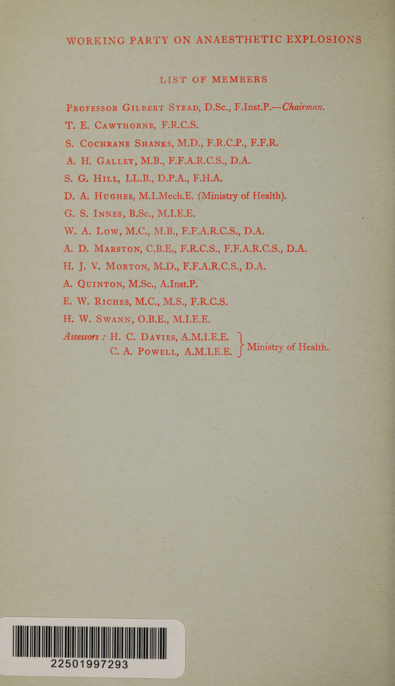 WORKING PARTY ON ANAESTHETIC EXPLOSIONS LIST OF MEMBERS PROFESSOR GILBERT STEAD, D.Sc., F.Inst.P.—Chairman. T. E. CAWTHORNE, F.R.C.S. S. COCHRANE SHANKS, M.D., F.R.C.P., F.F.R. A. H. Gauuey, M.B., F.F.A.R.C.S., D.A. S. G. Hitt, LL.B., D.P.A., F.H.A. D. A. Hucues, M.1.Mech.E. (Ministry of Health). G. S. INNES, B.Sc., M.LE.E. W. A. Low, M.C., M.B., F.F.A.R.C.S., D.A. A. D. Marston, C.B.E., F.R.C.S., F.F.A.R.C.S., D.A. H. J. V. Morton, M.D., F.F.A.R.C.S., D.A. A. QuINTON, M.Sc., A.Inst.P. E. W. RicuHes, M.C., M.S., F.R.C.S. H. W. Swann, O.B.E., M.I.E.E. Assessors : H. C. Daviss, A.M.I.E.E. C. A. Powe1, A.M.LE.E. + aMinitry of Health. 22501997293 |