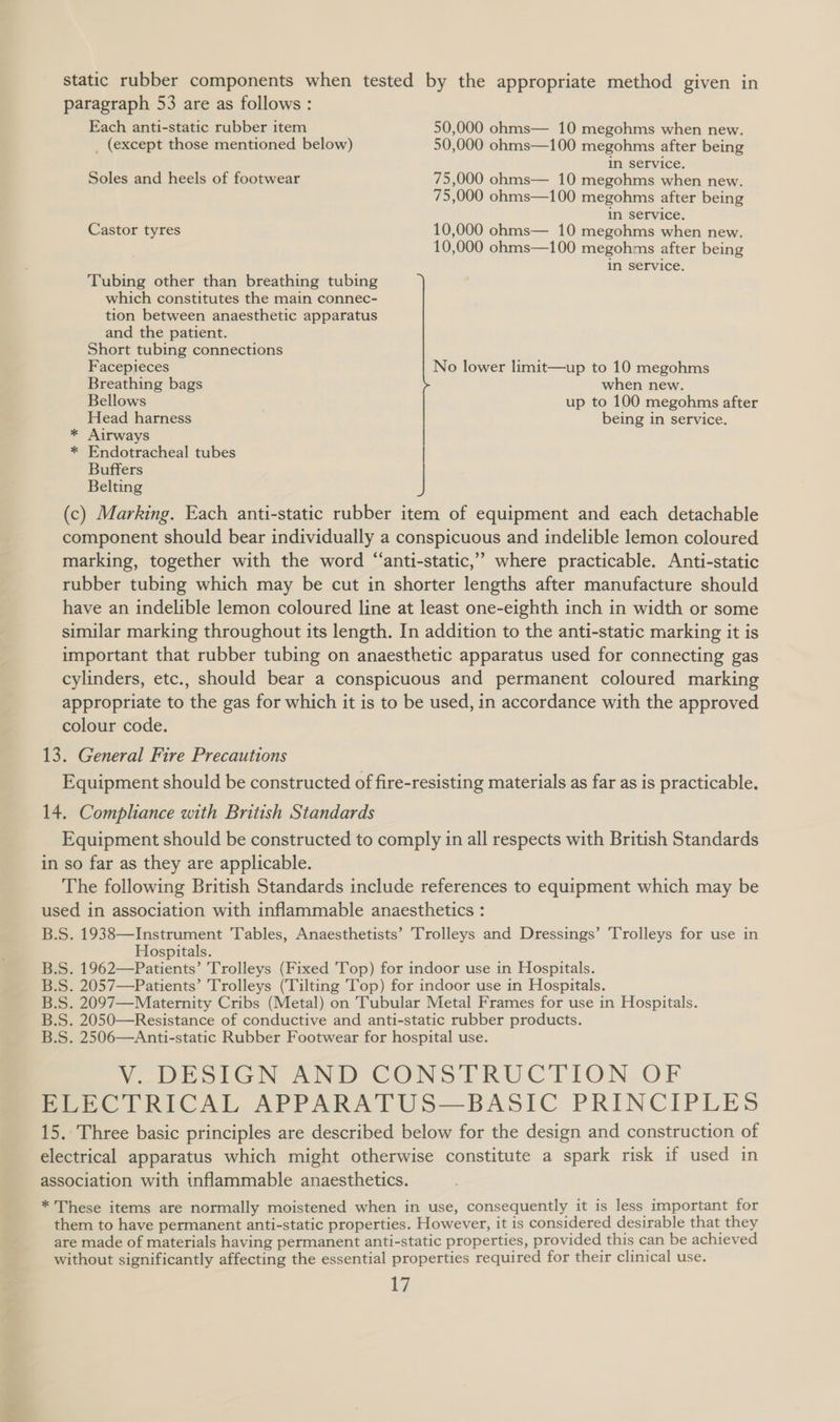 static rubber components when tested by the appropriate method given in paragraph 53 are as follows : Each anti-static rubber item 50,000 ohms— 10 megohms when new. _ (except those mentioned below) 50,000 ohms—100 megohms after being in service. Soles and heels of footwear 75,000 ohms— 10 megohms when new. 75,000 ohms—100 megohms after being in service. Castor tyres 10,000 ohms— 10 megohms when new. 10,000 ohms—100 megohms after being in service. Tubing other than breathing tubing which constitutes the main connec- tion between anaesthetic apparatus and the patient. Short tubing connections Facepieces No lower limit—up to 10 megohms Breathing bags when new. Bellows up to 100 megohms after Head harness being in service. * Airways * Endotracheal tubes | Buffers Belting | (c) Marking. Each anti-static rubber item of equipment and each detachable component should bear individually a conspicuous and indelible lemon coloured marking, together with the word “anti-static,” where practicable. Anti-static rubber tubing which may be cut in shorter lengths after manufacture should have an indelible lemon coloured line at least one-eighth inch in width or some similar marking throughout its length. In addition to the anti-static marking it is important that rubber tubing on anaesthetic apparatus used for connecting gas cylinders, etc., should bear a conspicuous and permanent coloured marking appropriate to the gas for which it is to be used, in accordance with the approved colour code. 13. General Fire Precautions Equipment should be constructed of fire-resisting materials as far as is practicable. 14. Compliance with British Standards Equipment should be constructed to comply in all respects with British Standards in so far as they are applicable. The following British Standards include references to equipment which may be used in association with inflammable anaesthetics : B.S. 1938—Instrument Tables, Anaesthetists’ Trolleys and Dressings’ Trolleys for use in Hospitals. B.S. 1962—Patients’ Trolleys (Fixed Top) for indoor use in Hospitals. B.S. 2057—Patients’ Trolleys (Tilting Top) for indoor use in Hospitals. B.S. 2097—Maternity Cribs (Metal) on Tubular Metal Frames for use in Hospitals. B.S. 2050—Resistance of conductive and anti-static rubber products. B.S. 2506—Anti-static Rubber Footwear for hospital use. Vy DESIGN AND CONSTRUCTION OF ELECTRICAL APPARATUS—BASIC PRINCIPLES 15. Three basic principles are described below for the design and construction of electrical apparatus which might otherwise constitute a spark risk if used in association with inflammable anaesthetics. * These items are normally moistened when in use, consequently it is less important for them to have permanent anti-static properties. However, it is considered desirable that they are made of materials having permanent anti-static properties, provided this can be achieved without significantly affecting the essential properties required for their clinical use.
