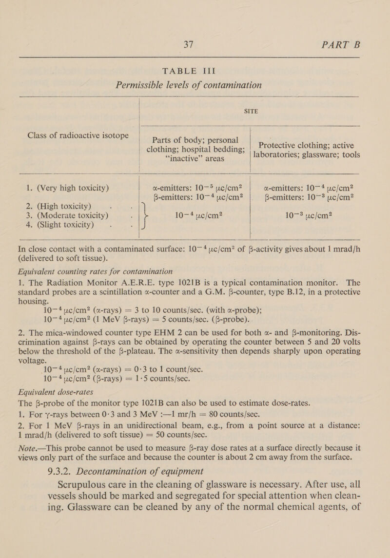 TABEE: Ti     Parts of body; personal clothing; hospital bedding; “inactive” areas Protective clothing; active laboratories; glassware; tools   1. (Very high toxicity) a-emitters: 10-° uc/cm? B-emitters: 10—4 uc/cm?  o-emitters: 10~ * uc/cm? B-emitters: 10—3 uc/cm?  2. (High toxicity) 3. (Moderate toxicity) 4. (Slight toxicity) 10—* welem- 10-3 uc/em?   In close contact with a contaminated surface: 10~ * uc/cm? of §-activity gives about 1 mrad/h (delivered to soft tissue). Equivalent counting rates for contamination 1. The Radiation Monitor A.E.R.E. type 1021B is a typical contamination monitor. The standard probes are a scintillation «-counter and a G.M. (-counter, type B.12, in a protective housing. 10-4 uc/cm? (a-rays) = 3 to 10 counts/sec. (with «-probe); 10-4 uc/cm? (1 MeV 6-rays) = 5 counts/sec. (8-probe). 2. The mica-windowed counter type EHM 2 can be used for both «- and $-monitoring. Dis- crimination against B-rays can be obtained by operating the counter between 5 and 20 volts below the threshold of the 6-plateau. The «-sensitivity then depends sharply upon operatin voltage. 10-4 uc/cm? («-rays) = 0-3 to 1 count/sec. 10-4 uc/cm? (8-rays) = 1-5 counts/sec. Equivalent dose-rates The 8-probe of the monitor type 1021B can also be used to estimate dose-rates. 1. For y-rays between 0:3 and 3 MeV :—1 mr/h = 80 counts/sec. 2. For 1 MeV 6-rays in an unidirectional beam, e.g., from a point source at a distance: 1 mrad/h (delivered to soft tissue) = 50 counts/sec. Note.—This probe cannot be used to measure (6-ray dose rates at a surface directly because it views only part of the surface and because the counter is about 2 cm away from the surface. 9.3.2. Decontamination of equipment Scrupulous care in the cleaning of glassware is necessary. After use, all vessels should be marked and segregated for special attention when clean- ing. Glassware can be cleaned by any of the normal chemical agents, of