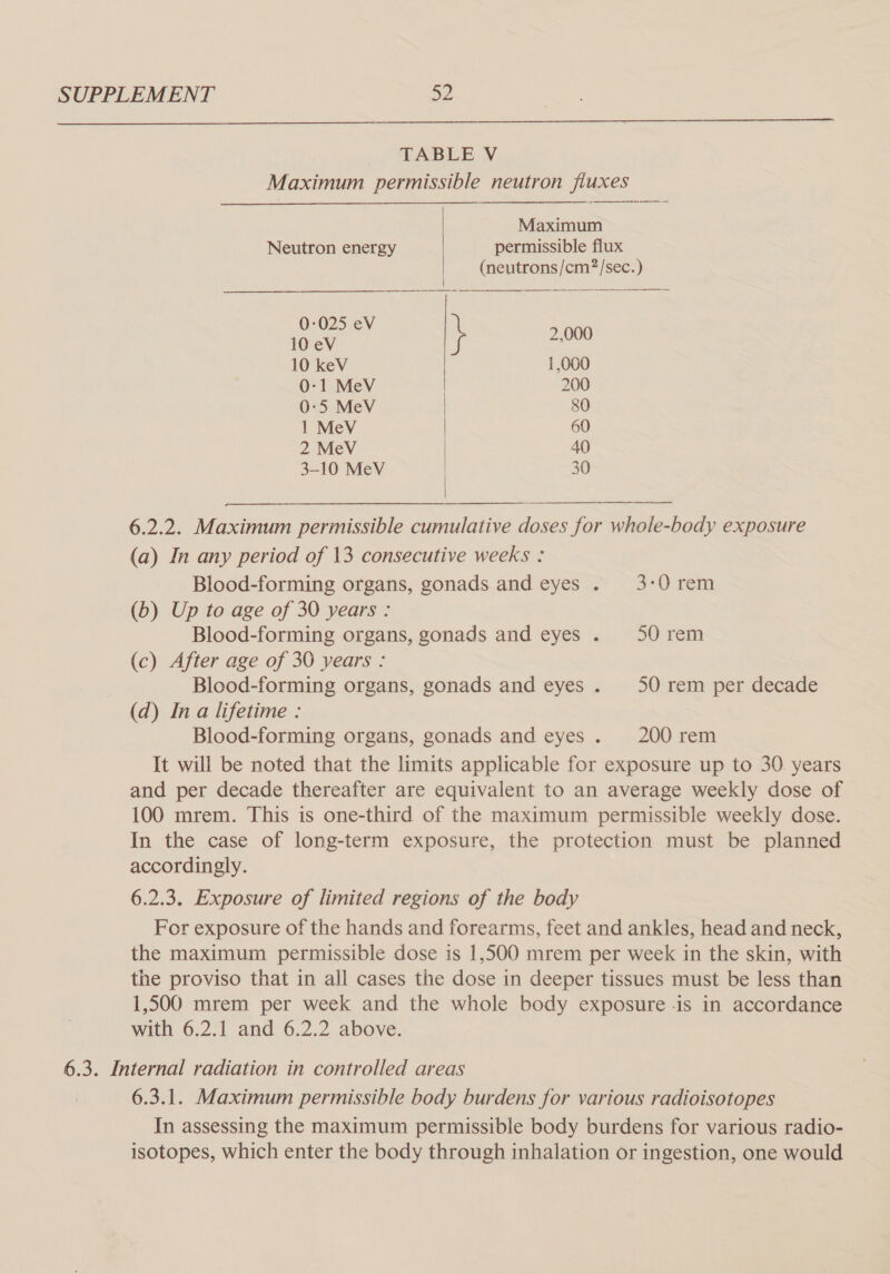  TABLE V Maximum permissible neutron fluxes  | Maximum Neutron energy permissible flux | (neutrons/cm?2/sec.) 0-025 eV a iocy 2,000 10 keV 1,000 0-1 MeV | 200 0-5 MeV 80 1 MeV 60 2 MeV 40 3-10 MeV | 30    6.2.2. Maximum permissible cumulative doses for whole-body exposure (a) In any period of 13 consecutive weeks : Blood-forming organs, gonads and eyes . 3:0 rem (b) Up to age of 30 years : Blood-forming organs, gonads and eyes . S50 rem (c) After age of 30 years : Blood-forming organs, gonads and eyes . 50 rem per decade (d) Ina lifetime : Blood-forming organs, gonads and eyes. 200 rem It will be noted that the limits applicable for exposure up to 30. years and per decade thereafter are equivalent to an average weekly dose of 100 mrem. This is one-third of the maximum permissible weekly dose. In the case of long-term exposure, the protection must be planned accordingly. 6.2.3. Exposure of limited regions of the body For exposure of the hands and forearms, feet and ankles, head and neck, the maximum permissible dose is 1,500 mrem per week in the skin, with the proviso that in all cases the dose in deeper tissues must be less than 1,500 mrem per week and the whole body exposure -is in accordance with 6.2.1 and 6.2.2 above. 6.3. Internal radiation in controlled areas 6.3.1. Maximum permissible body burdens for various radioisotopes In assessing the maximum permissible body burdens for various radio- isotopes, which enter the body through inhalation or ingestion, one would