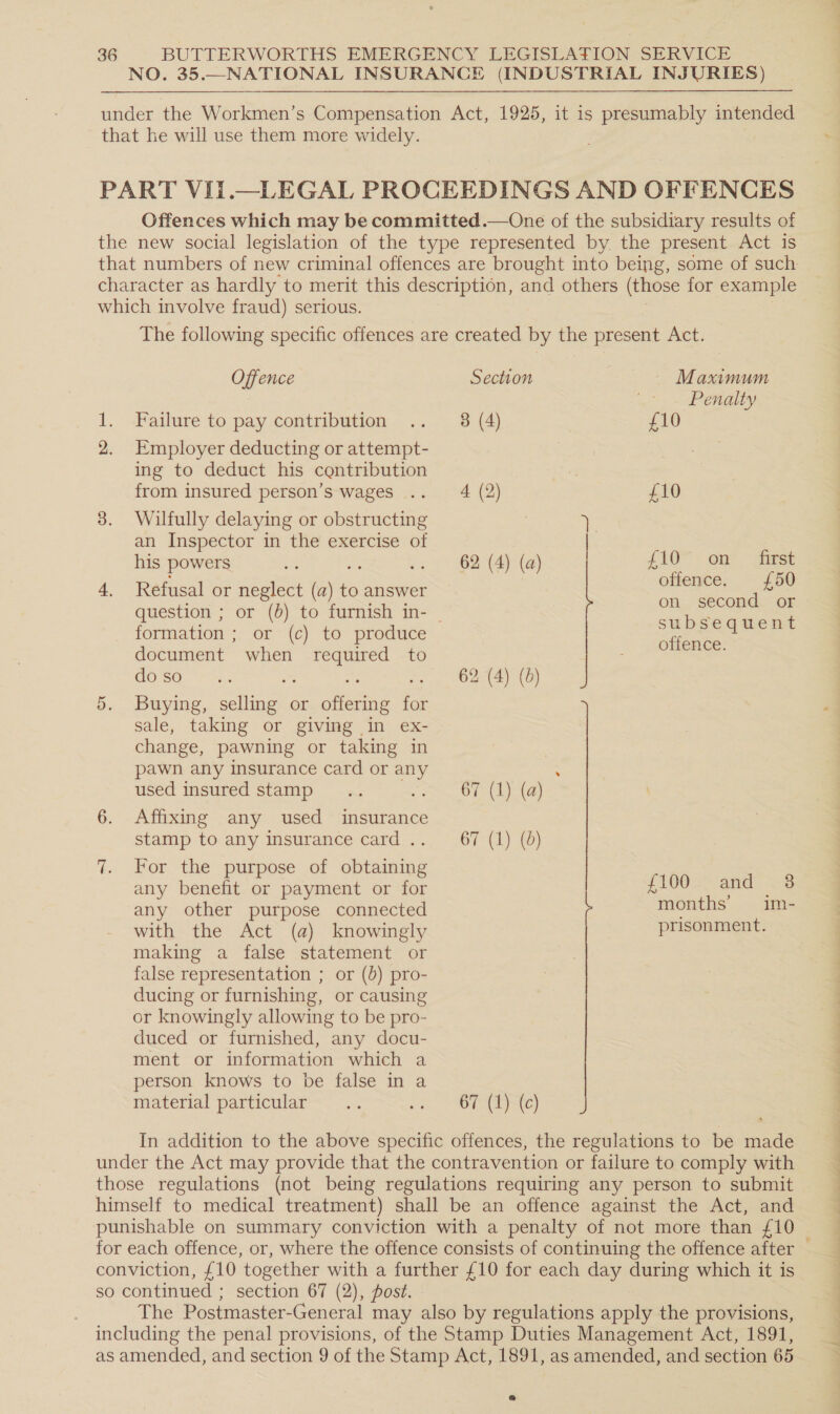 NO. 35.—NATIONAL INSURANCE (INDUSTRIAL INJURIES) under the Workmen’s Compensation Act, 1925, it is Ae erates intended that he will use them more widely. PART VIi.—LEGAL PROCEEDINGS AND OFFENCES Offences which may be committed.—One of the subsidiary results of the new social legislation of the type represented by the present Act is character as hardly to merit this description, and others (those for example which involve fraud) serious. The following specific offences are created by the present Act. Offence Section _ Maximum Penalty 1. Failure to pay contribution .. 8 (4) £10 Employer deducting or attempt- ing to deduct his centribution . from insured person’s wages .. 4 (2) £10 3. Wilfully delaying or obstructing an Inspector in the exercise of £10 first 1 his powers et fe . ) 62(4)@ | on : offence. £50 4. Refusal or neglect (a) to answer ea question ; or (8) to furnish in- _ hg Wek ee formation ; or (c) to produce j q document when required to offence. GOssG: th.. % as Fe ORAS) 5. Buying, selling or offering for sale, taking or giving in ex- change, pawning or taking in | pawn any insurance card or any : used insured stamp .. a, Oa ee 6. Affixing any used insurance stamp to any insurance card .. 67 (1) (d) 7. For the purpose of obtaining any benefit or payment or for £100 and 3 any other purpose connected months’ im- with the Act (a) knowingly prisonment. making a false statement or false representation ; or (b) pro- ducing or furnishing, or causing or knowingly allowing to be pro- duced or furnished, any docu- ment or information which a person knows to be false in a material particular os oe MON Lee In addition to the above specific offences, the regulations to be made under the Act may provide that the contravention or failure to comply with those regulations (not being regulations requiring any person to submit himself to medical treatment) shall be an offence against the Act, and punishable on summary conviction with a penalty of not more than {10 conviction, £10 together with a further £10 for each day during which it is so continued ; section 67 (2), post. The Postmaster-General may also by regulations apply the provisions, including the penal provisions, of the Stamp Duties Management Act, 1891, as amended, and section 9 of the Stamp Act, 1891, as amended, and section 65 a Oe ae Pee ee Pee, i tithe i li la ual th, Me ett tes he