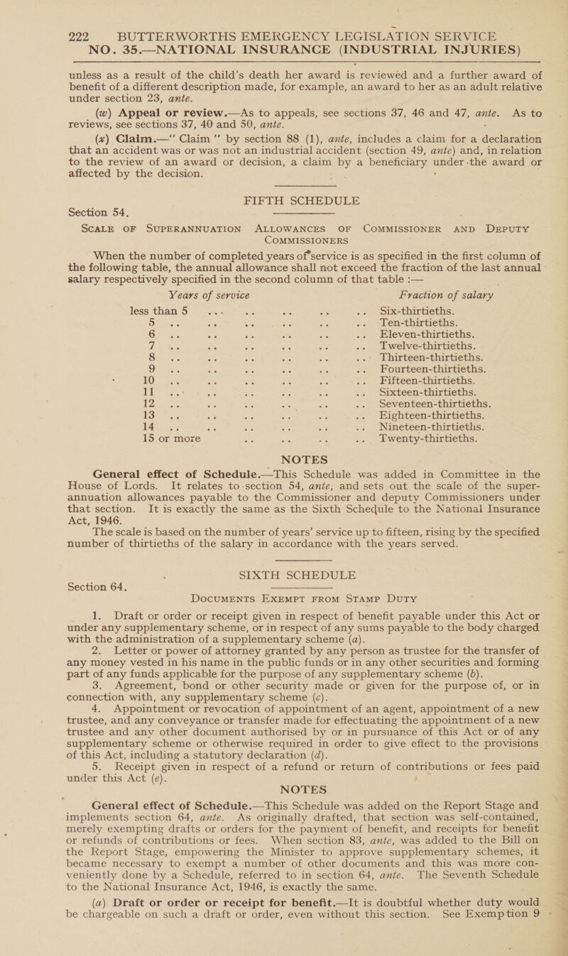 NO. 35.—NATIONAL INSURANCE (INDUSTRIAL INJURIES) unless as a result of the child’s death her award is. reviewed and a further award of benefit of a different description made, for example, an award to her as an adult relative under section 23, ante. (w) Appeal or review.—As to appeals, see sections 37, 46 and 47, ante. As to reviews, see sections 37, 40 and 50, ante. (+) Claim.—“ Claim ”’ by section 88 (1), ante, includes a claim for a declaration that an accident was or was not an industrial accident (section 49, ante) and, in relation to the review of an award or decision, a claim by a beneficiary mner ‘the award or affected by the decision.  FIFTH SCHEDULE Section 54, we SCALE OF SUPERANNUATION ALLOWANCES OF ‘COMMISSIONER AND DEPUTY COMMISSIONERS When the number of completed years of*service is as specified in the first column of the following table, the annual allowance shall not exceed the fraction of the last annual salary respectively specified in the second column of that table :— Years of service Fraction of salary less than: S$ - 2. ~- fied si .. Six-thirtieths. ote oe ase Ten-thirtieths. 5 Gees - a. es os .. Eleven-thirtieths. i a wis nae ae es .. Twelve-thirtieths. 8 ..° Thirteen-thirtieths. 9 Fourteen-thirtieths. aa Sice ate ‘3 oe .. Fifteen-thirtieths. 1 ae or ie Ries ae a .. Sixteen-thirtieths. 2 ie me is oe .. Seventeen-thirtieths. Loo Os. ae - we Ae OS Highteen-thiriiecus: 14 ae SEP ake ad .. Nuineteen-thirtieths. 15 or more oh ee oe .. Twenty-thirtieths. NOTES General effect of Schedule.—This Schedule was added in Committee in the House of Lords. It relates to-section 54, ante; and sets out the scale of the super- annuation allowances payable to the Commissioner and deputy Commissioners under that section. It is exactly the same as the Sixth Schedule to the National Insurance Act, 1946. 3 The scale is based on the number of years’ service up to fifteen, rising by the specified number of thirtieths of the salary in accordance with the years served. SEXTH “SCHEDULE Section 64. ——_______— DOCUMENTS EXEMPT FROM STAMP Duty 1. Draft or order or receipt given in respect of benefit payable under this Act or under any supplementary scheme, or in respect of any sums payable to the body charged with the administration of a supplementary scheme (a). 2. Letter or power of attorney granted by any person as trustee for the transfer of any money vested in his name in the public funds or in any other securities and forming part of any funds applicable for the purpose of any supplementary scheme (0). 3. Agreement, bond or other security made or given for the purpose of, or in connection with, any supplementary scheme (c). 4. Appointment or revocation of appointment of an agent, appointment of a new trustee, and any conveyance or transfer made for effectuating the appointment of a new trustee and anv other document authorised by or in pursuance of this Act or of any of this Act, including a statutory declaration (@). 5. Receipt given in respect of a refund or return of contributions or fees paid under this Act (e). NOTES General effect of Schedule.—This Schedule was added on the Report Stage and implements section 64, ante. As originally drafted, that section was self-contained, merely exempting drafts or orders for the payment of benefit, and receipts for benefit or refunds of contributions or fees. When section 83, ante, was added to the Bill on the Report Stage, empowering the Minister to approve supplementary schemes, it became necessary to exempt a number of other documents and this was more con- veniently done by a Schedule, referred to in section 64, ante. The Seventh Schedule to the National Insurance Act, 1946, is exactly the same. (2) Draft or order or receipt for benefit.—It is doubtful whether duty would be chargeable on such a draft or order, even without this section. See Exemption 9