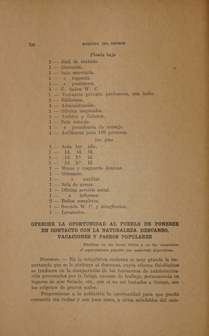  720 MEDICINA DEL DEPORTE Planta baja — Hall de entrada. —— l)irección. — Sala secretaría. a», FEgeneia. — » profesores. LOs baños .W..' Co. Vestuario privado profesores, con baño, -— Biblioteca. : -— Administración. — Oficina empleados. , —- Archivo y ficheros. AS —— Sala consejo. Dr -— » presidencia de consejo. —- Anfiteatro para 100 personas. poe  pal ja jalo pl pl pl A pl pl pl pl pl 1er. piso —' Aula ler. año. A AO SOL. A e 1d a TEO A gi Ye M : — Museo y resguardo láminas. Gimnasio. He > auxiliar. — Sala de armas. — Oficina servicio social. ral » informes. — Baños completos. 1 — Sección W. C. y mingitorios. 1 — Lavatorios. AA OFRECER LA OPORTUNIDAD AL PUEBLO DE PONERSE EN CONTACTO CON LA NATURALEZA. DESCANSO, VACACIONES Y PASEOS POPULARES Facilitar en las horas libres y en las vacaciones el esparcimiento popular con moderado deportismo. Descanso. — En la terapéutica moderna es muy grande la im- portancia que se le atribuye al descanso, cuyos efectos fisiológicos se traducen en la desaparición de los fenómenos de autointoxica- ción provocados por la fatiga, excesos de trabajo, permanencia en lugares de aire viciado, etc., que al no ser tratados a tiempo, son + los orígenes de graves males. Proporeionar a la población la oportunidad para que pueda concurrir sin trabas y con poco costo, a sitios saludables del cam- ( e