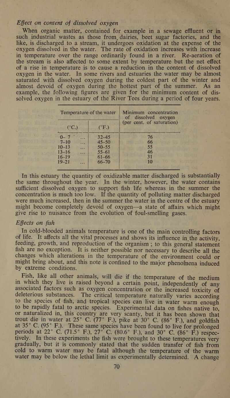 Effect on content of dissolved oxygen When organic matter, contained for example in a sewage effluent or in such industrial wastes as those from, dairies, beet sugar factories, and the like, is discharged to a stream, it undergoes oxidation at the expense of the oxygen dissolved in the water. The rate of oxidation increases with increase ' in temperature over the range ordinarily found in a river. Re-aeration of the stream is also affected to some extent by temperature but the net effect of a rise in temperature is to cause a reduction in the content of dissolved oxygen in the water. In some rivers and estuaries the water may be almost saturated with dissolved oxygen during the coldest part of the winter and almost devoid of oxygen during the hottest part of the summer. As an example, the following figures are given for the minimum content of dis- solved oxygen in the estuary of the River Tees during a period of four years. Temperature of the water | Minimum concentration of dissolved oxygen (per cent. of saturation) CC.) CF.) se, Vache 32-45 76 780 Ont, 45-50 66 10-13... 50-55 55 1341 O57, sbreas 55-61 46 16-19 61-66 31 19-21, 8... 66-70 10 In this estuary the quantity of oxidizable matter discharged is substantially the same throughout the year. In the winter, however, the water contains sufficient dissolved oxygen to support fish life whereas in the summer the concentration is much too low. If the quantity of polluting matter discharged were much increased, then in the summer the water in the centre of the estuary might become completely devoid of oxygen—a state of affairs which might give rise to nuisance from the evolution of foul-smelling gases. Effects on fish In cold-blooded animals temperature is one of the main controlling factors of life. It affects all the vital processes and shows its influence in. the activity, feeding, growth, and reproduction of the organism ; to this general statement fish are no exception. It is neither possible nor necessary to describe all the changes which alterations in the temperature of the environment could or might bring about, and this note is confined to the major phenomena induced by extreme conditions. _ Fish, like all other animals, will die if the temperature of the medium in which they live is raised beyond a certain point, independently of any associated factors such as oxygen concentration or the increased toxicity of deleterious substances. The critical temperature naturally varies according to the species of fish, and tropical species can live in water warm enough to be rapidly fatal to arctic species. Experimental data on fishes native to, or naturalized in, this country are very scanty, but it has been shown that trout die in water at 25° C. (77° F.), pike at 30° C. (86° F.), and goldfish at 35° C. (95° F.). These same species have been found to live for prolonged periods at 22° C. (71.5° F.), 27° C. (80.6° F.), and 30° C. (86° F.) respec- tively. In these experiments the fish were brought to these temperatures very gradually, but it is commonly stated that the sudden transfer of fish from cold to warm water may be fatal although the temperature of the warm water may be below the lethal limit as experimentally determined. A change