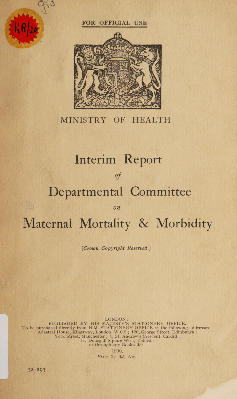    MINISTRY OF HEALTH Interim Keport te | Departmental Committee On Maternal Mortality &amp; Morbidity [Crown Copyright Reserved. | LONDON : PUBLISHED BY HIS MAJESTY’S STATIONERY OFFICE, To be purchased directly from H.M. STATIONERY OFFICE at the following addresses Adastral House, Kingsway, London, W.C.2; 120, George Street, Edinburgh ; York Street, Manchester; 1, St. Andrew’s Crescent, Cardiff ; 15, Donegall Square West, Belfast ; or through any Bookseller. 1930. Price 2s. Od. Net. 32-293 