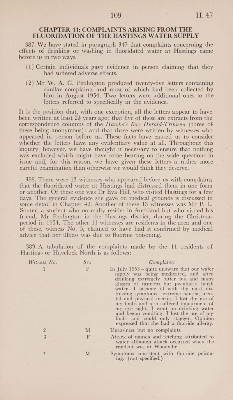 CHAPTER 44: COMPLAINTS ARISING FROM THE FLUORIDATION OF THE HASTINGS WATER SUPPLY 387. We have stated in paragraph 347 that complaints concerning the effects of drinking or washing in fluoridated water at Hastings came before us in two ways. (1) Certain individuals gave evidence in person claiming that they had suffered adverse effects. (2) Mr W. A. G. Penlington produced twenty-five letters containing similar complaints and most of which had been collected by him in August 1954. Two letters were additional ones to the letters referred to specifically in the evidence. It is the position that, with one exception, all the letters appear to have been written at least 24 years ago; that five of these are extracts from the correspondence columns of the Hawke's Bay Herald-Tribune (three of these being anonymous); and that three were written by witnesses who appeared in person before us. These facts have caused us to consider whether the letters have any evidentiary value at all. Throughout this inquiry, however, we have thought it necessary to ensure that nothing was excluded which might have some bearing on the wide questions in issue and, for this reason, we have given these letters a rather more careful examination than otherwise we would think they deserve. 388. ‘There were 13 witnesses who. appeared before us with complaints that the fluoridated water at Hastings had distressed them in one form or another. Of these one was Dr Eva Hill, who visited Hastings for a few days. The general evidence she gave on medical grounds is discussed in some detail in Chapter 42. Another of these 13 witnesses was Mr P. L. Souter, a student who normally resides in Auckland but who visited his friend, Mr Penlington in the Hastings district, during the Christmas period in 1954. The other 11 witnesses are residents in the area and one of these, witness No. 5, claimed to have had it confirmed by medical advice that her illness was due to fluorine poisoning. 389. A tabulation of the complaints made by the 11 residents of Hastings or Havelock North is as follows: Witness No. Sex Complaints 1 F In July 1953 — quite unaware that our water supply was being medicated, and after drinking extremely bitter tea and many glasses of tasteless but peculiarly harsh water —I became ill with the most dis- tressing symptoms — extreme nausea, men- tal and physical inertia, I lost the use of my limbs and also suffered impairment of my eye sight. I went on drinking water © and began vomiting. I lost the use of my limbs and could only stagger. Opinion expressed that she had a fluoride allergy. 2 M Uneasiness but no complaints. F Attack of nausea and retching attributed to water although attack occurred when the resident was at Woodville. 4 M Symptoms consistent with fluoride poison- ing. (not specified.)