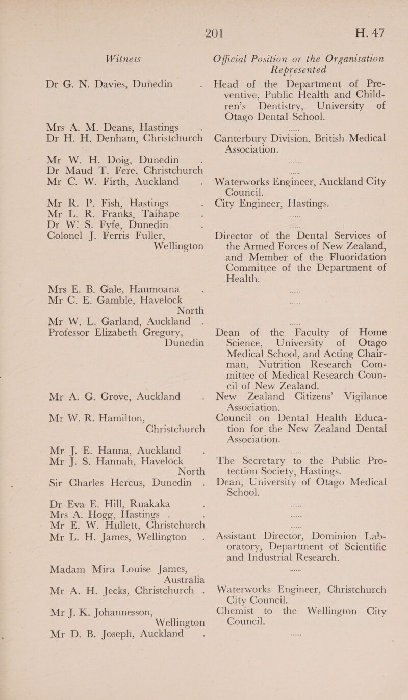 Dr G. N. Davies, Dunedin Mrs A. M. Deans, Hastings Dr H. H. Denham, Christchurch Mr W. H. Doig, Dunedin Dr Maud T. Fere, Christchurch Mr C. W. Firth, Auckland Mr R. P. Fish, Hastings Mr L. R. Franks, Taihape Dr W: 8S. Fyfe, Dunedin Colonel J. Ferris Fuller, Wellington Mrs E. B. Gale, Haumoana Mr C. E. Gamble, Havelock North Mr W. L. Garland, Auckland Professor Elizabeth Gregory, Dunedin Mr A. G. Grove, Auckland Mr W. R. Hamilton, Christchurch Mr J. E. Hanna, Auckland Mr J. S. Hannah, Havelock North Sir Charles Hercus, Dunedin Dr Eva E. Hill, Ruakaka Mrs A. Hogg, Hastings Mr E. W. Hullett, Christchurch Mr 47° HH. James, Wellington Madam Mira Louise James, Australia Mr A. H. Jecks, Christchurch . Mr J. K. Johannesson, Wellington Mr D. B. Joseph, Auckland HA? Represented Head of the Department of Pre- ventive, Public Health and Child- ren’s Dentistry, University of Otago Dental School. Canterbury Division, British Medical Association. Waterworks Engineer, Auckland City Council. City Engineer, Hastings. Director of the Dental Services of the Armed Forces of New Zealand, and Member of the Fluoridation Committee of the Department of Health. Dean of the Faculty of Home Science, University of Otago Medical School, and Acting Chair- man, Nutrition Research Com- mittee of Medical Research Coun- cil of New Zealand. New Zealand Citizens’ Association. Council on Dental Health Educa- tion for the New Zealand Dental Association. Vigilance The Secretary to the Public Pro- ~ tection Society, Hastings. Dean, University of Otago Medical School. Assistant Director, Dominion Lab- oratory, Department of Scientific and Industrial Research. eeeeee Waterworks Engineer, Christchurch City Council. Chemist to the Wellington City Council.