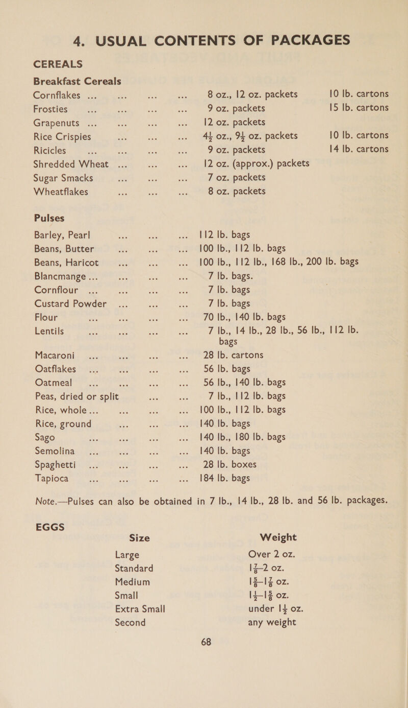 CEREALS Breakfast Cereals Cornflakes .. Frosties Grapenuts ... Rice Crispies Ricicles Shredded Wheat Sugar Smacks Wheatflakes Pulses Barley, Pearl Beans, Butter Beans, Haricot Blancmange ... Cornflour Custard Powder Flour Lentils Macaroni Oatflakes Oatmeal Peas, dried or split Rice, whole... Rice, ground Sago Semolina Spaghetti Tapioca 8 oz., 12 oz. packets 10 Ib. 9 oz. packets 15 1B: [2 oz. packets 4! oz., 94 oz. packets 10 Ib. 9 oz. packets 14 Ib. 12 oz. (approx.) packets 7 oz. packets 8 oz. packets 112 Ib. bags 100 Ib., 112 Ib. bags cartons cartons cartons cartons 7 |b. bags. 7 |b. bags 7 |b. bags 70 |b., 140 Ib. bags bags 28 Ib. cartons 56 Ib. bags 56 |b., 140 Ib. bags 7 |b., 112 Ib. bags 100 Ib., 112 Ib. bags 140 Ib. bags 140 Ib., 180 Ib. bags 140 Ib. bags 28 Ib. boxes EGGS Size Large Standard Medium Small Extra Small Second Weight Over 2 oz. [2-2 oz. 13-IZ oz. l4—-12 oz. under I+ oz. any weight