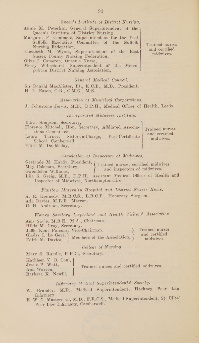 Queen’s Institute of District Nursing. Annie M. Peterkin, General Superintendent of the Queen’s [nstitute of District Nursing, Margaret F,. Chalmers, Superintendent for the East ae Executive Committee of the Suffolk ee ursing Federation, Aceeuteedl Elizabeth M. Wyatt, Superintendent of the East ot es Sussex County Nursing Federation, rs) ait Olive [. Cameron, Queen’s Nurse, Mercy Wilmshurst, Superintendent of the Metro- politan District Nursing Association, General Medical Council. Sir Donald MacAlister, Bt., K.C.B., M.D., President. HH. . Bason,C.B., CM’G.. M.S. Association of Municipal Corporations. J. Johnstone Jervis, M.D., D.P.H., Medical Officer of Health, Leeds. Incorporated Midwives Institute. Edith Simpson, Secretary, Florence Mitchell, Hon. Secretary, Affiliated Associa- tions Committee, Laura Turner, Sister-in-Charge, Post-Certificate School, Camberwell, Edith M. Doubleday, Trained nurses and certified midwives. Association of Inspectors of Midwives. Gertrude M. Hardy, President, | , ees os > | Trained nurses, certified midwives May Coleman, Secretary, GC aislen Williams and inspectors of midwives. Lila S. Greig, M.B., D.P.H., Assistant Medical Officer of Health and Inspector of Midwives, Northamptonshire. Plaistow Maternity Hospital and District Nurses Home. A. E. Kennedy, M.R.C.S., L.R.C.P., Honorary Surgeon. Ada Davies, M.B.E., Matron. C. H. Andrews, Secretary. Women Sanitary Inspectors’ and Health Visitors’ Association. Amy Sayle, M.B.E., M.A., Chairman. Hilda M. Gray, Secretary. Jeffie Kent Parsons, Vice-Chairman. pence ey Gladys I. Le Geyt, cats and certifie Edith M. Davies, Memibers/oruhe ‘Associate, midwives. College of Nursing. Mary S. Rundle, R.R.C., Secretary. Kathleen V. B. Coni, Jessie P. Watt, Ann Warren, Barbara K. Newill, Trained nurses and certified midwives. Infirmary Medical Superintendents’ Soviety. W. Brander, M.D., Medicat Superintendent, Hackney Poor Law Infirmary. ‘ae E. W. G. Masterman, M.D., F.R.C.S., Medical Superintendent, St. Giles Poor Law Infirmary, Camberwell.