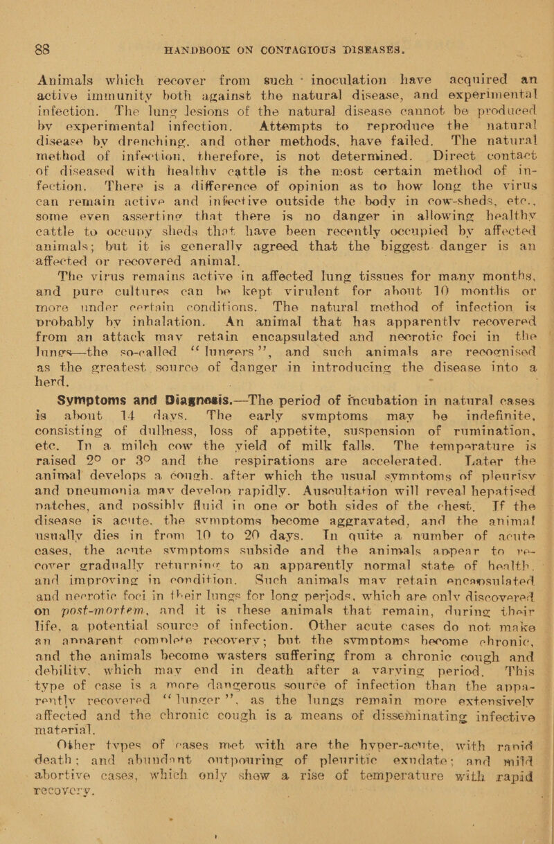 Animals which recover from such‘ inoculation have acquired an active immunity both against the natural disease, and experimental infection. The lung lesions of the natural disease cannot be produced by experimental infection. Attempts to reproduce the natural disease by drenching, and other methods, have failed. The natural method of infection, therefore, is not determined. Direct contact of diseased with healthv cattle is the most certain method of in- fection. There is a difference of opinion as to how long the virus can remain active and infective outside the body in cow-sheds, etc., some even asserting that there is no danger in allowing healthy cattle to occupy sheds that have been recently occupied by affected animals; but it is generally agreed that the biggest. danger is an affected or recovered animal. 7 The virus remains active in affected lung tissues for many months, and pure cultures can be kept virulent for ahout 10 montlis or more under certain conditions. The natural method of infection ig probably by inhalation. An animal that has apparently recovered from an attack may retain encapsulated and necrotic foci in the Junes—the so-called ‘‘lungers’’, and such animals are _ recocnised as the greatest source of danger in introducing the disease into a herd. LA Symptoms and Diagnosis.—The period of incubation in natural cases is about 14 davs. The early svmptoms may he _ indefinite, consisting of dullness, loss of appetite, suspension of rumination, etc. In a mileh cow the vield of milk falls. The temperature is raised 2° or 3° and the respirations are accelerated. Tater the animal develops a cough. after which the usual symntoms of pleurisv and pneumonia mav develon rapidly. Auscultation will reveal hepatised natches, and possthly fluid in one or both sides of the chest, If the disease is acttte, the svmptoms become aggravated, and the animal usually dies in from 10 to 20 days. In quite a number of acute cases, the acute svmptoms subside and the animals anpear to re- cover gradually returnine to an apparently normal state of health, and improving in condition. Such animals mav retain encapsulated and necrotic foci in their lungs for long perjods, which are only discovered on post-mortem, and it is these animals that remain, during their life, a potential source of infection. Other acute cases do not make an annarent comnlete recovery; but the svmptoms hecome chronic, and the animals become wasters suffering from a chronic cough and debilitv, which may end in death after a varvine period. This type of case is a more dangerous source of infection than the appa- rently recovered “lune¢er’’, as the lungs remain more extensively material. Other tvpes of cases met with are the hyper-acute, with ranid abortive cases, which only shew a rise of temperature with rapid recovery.