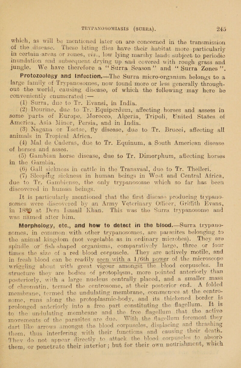 which, as will be mentioned later on are concerned in the transmission of the disease. These biting flies have their habitat more particularly in certain-areas or zones, viz., low lying marshy lands subject to periodic inundation and subsequent drying up and covered with rough grass and jungle. We have therefore a ‘‘Surra Season’? and “ Surra Zones ’’. Protozoology and Infection.—The Surra micro-organism belongs to a large tamily of Trypanosomes, now found more or less generally through- out the world, causing disease, of which the following may here be conveniently enumerated :— : (1) Surra, due to Tr. Evansi, in India. (2) Dourine, due to Tr. Equiperdum, affecting horses and assess in some parts of Europe, Morocco, Algeria, Tripoli, United States of America, Asia Minor, Persia, and in India. (3) Nagana or Isetse, fly disease, due to Tr. Brucei, affecting all animals in Tropical Africa. 3 . (4) Mal de Caderas, due to Tr. Equinum, a South American disease of horses and asses. (5) Gambian horse disease, due to Tr. Dimorphum, affecting horses in the Gambia. (6) Gall sickness in cattle in the Transvaal, due to Tr. Theileri. (7) Sleepihg sickness in human beings in West and Central Africa, due to Tr. Gambiense, the only trypanosome which so far has been discovered in human beings. It is particularly mentioned that the first discase producing trypano- somes were discovered by an Army Veterinary Officer, Griffith Evans, in 1880 at Dera Ismail Khan. ‘This was the Surra trypanosome and was named after him. Morphology, etc., and how to detect in the bicod.—Surra trypano- somes, in common with other trypanosomes, are parasites belonging to the animal kingdom (not vegetable as in ordinary microbes). They are spindle or fish-shaped organisms, comparatively large, three or four times the size of a red blood corpuscle. They are actively motile, and in fresh blood can be readily seen with a 1/6th power of the microscope wriggling about with great vigour amongst the blood corpuscles. In structure they are bodies of protoplasm, more pointed anteriorly than posteriorly, with a large nucleus centrally placed, and a smaller mass of chromatin, termed the centrosome, at their posterior end. A folded membrane, termed the undulating membrane, commences at the centro- some, runs along the protoplasmic-body, and its thickened border ts prolonged anteriorly into a free part constituting the flagellum. It is to the undulating membrane and the free flagellum that the acuKe movements of the parasites are due. With the flagellum foremost a dart like arrows amongst the blood corpuscles, displacing Ang ne - them, thus interfering with their functions and causing their re They do not appear directly to attack. the blood soning B9, # hich - them, or penetrate their interior ; but for their own notfrishment, whic