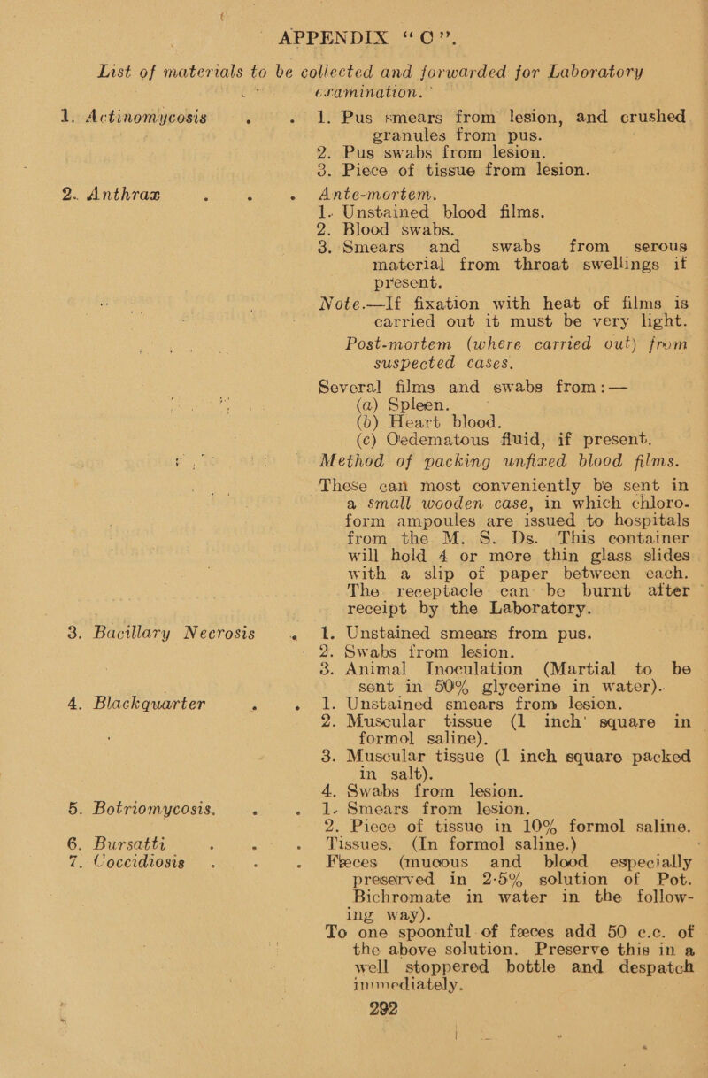is ID APPENDIX “0”, Avtedouinebis ; Anthrax . L . Blackquarter j Botriomycosis. : Bursattr : i Coccidiosis : examination. . 1. Pus smears from lesion, and crushed granules from pus. 2. Pus swabs from lesion. 3. Piece of tissue from lesion. - Ante-mortem. J. Unstained blood films. 2. Blood swabs. 3. Smears and swabs from _ serous material from throat swellings if present. Note.—lf fixation with heat of films is carried out it must be very light. Post-mortem (where carried out) from suspected cases. Several films and swabs from:— (a) Spleen. (b) Heart blood. (c) Oedematous fluid, if present. Method of packing unfixed blood films. These can most conveniently be sent in a small wooden case, in which chloro. form ampoules are issued to hospitals from the M. S. Ds. This container will hold 4 or more thin glass slides with a slip of paper between each. The receptacle can be burnt after — receipt by the Laboratory. . Unstained smears from pus. Swabs from lesion. Animal Inoculation (Martial to be sent in 50% glycerine in water). . Unstained smears from lesion. . Muscular tissue (1 inch' square in _ formol] saline), . Muscular tissue (1 inch square packed in salt). . Swabs from lesion. - Smears from lesion. 2. Piece of tissue in 10% formol saline. Tissues. (In formol saline.) : Feeces (mucous and blood especially preserved in 2-5% solution of Pot. Bichromate in water in the follow- ing way). To one spoonful. of feeces add 50 ec.c. of the above solution. Preserve this in a well stoppered bottle and despatch immediately. 292 Go No pt ei G® OR