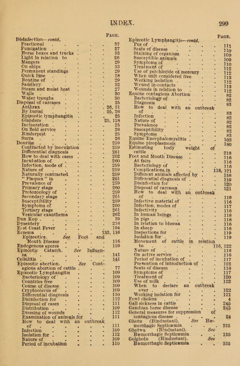 PAGE. Disinfection— contd, Fractional . 5 5 ; . 87 Fumigation . 3 ; &amp; vat Horse boxes and trucks : 33 Light in relation to 26 Mangers 29 On ships 33 Poenian cnt standings 29 Quick lime 28 Routine of 29 Saddlery: : 32 Steam and moist heat Pa Walls 3 30 Water troughs 30 Disposal of carcases . 25 Anthrax 3 i ; ‘5 26, 31 By burial ; ; ue . 26, 26 Epizootic. lymphangitis : ‘ : 25 Glanders y 25, 128 Incineration . : ; . 25 On field service s ; ‘ 5 26 Rinderpest . - < 25 Surra. % C ‘ 26 Dourine 259 Contracted by inoculation é 5 AS Differential diagnosis . < oi QOL How to deal with cases. 3 4) 202 Incubation of Fi 6 . 260 Infection, mode of . 5 - 259 Nature of : ' ‘ 259 Naturally contracted ; ; 259 “ Plaques.’’ in A ‘ . 261 Prevalence of : x F 2 209 Primary stage 5 C 260 Protozoology of . 259 Secondary stage. : 261 Susceptibility ~ . ‘ 259 Symptoms of = C 260 Tertiary stage 261 Vesicular exanthema 5 262 Dun Kop. : : é ‘ 39 Dysentery : é 2 216 Exst Coast Fever ‘ F ‘ 194 Eczema . 3 : é E 138, 116 . Epizootica. See Foot and Mouth Disease . a ; sa GLIS _ Endogenous spores. : 3 . 159 Bpigtptie Catarrh. See Influen- i Celltiitis : A : : «.. aa Epizootic abortion. See Cont-. agious abortion of cattle . 3 77 Epizootic Lymphangitis . : - 109 Bacteriology of Z c <p etO9 Countries free é z ae O9 Course of disease . e . 109 Cryptococcus of . C “ 109: Differential diagnosis C C on tO Disinfection for j ; 3 see he Disposal of cases . : 3 a senb ke Distribution . A é 2 - 109 Dressing of wounds . 112 Examination of animals. for 3 111 How to deal with an outbreak Of : fs . Z orev Infection ; RS ° - 109 Isolation for . 2 9 - - 112 Nature of . a , - 109 Period of incubation ° F - 210 299 PAGE eet ymplanslGe— cong Pus é : a ee ALY Seats of disease ; F z 11lo Staining of organism 109 Susceptible. animals - 109 Symptoms of vat Lig Treatment of i : 112 Use of perchloride of mercury Abin Sib, When unit considered free 3 113 Working isolation - 3 5 ales Wound in-contacts F é 113 Wounds in relation to A Bed alae Equine contagious dee Aagte ; . 82 Bacteriology of =. : 82 Diagnosis 4 ; 83 ce to deal with an outbreak Infection : 6 ° ee Nature of ‘ 6 e 82 Prevalence : p c 82 Susceptibility C . 82 Symptoms . A 2 ° 83 Equine Encephalomyelitis ; re «1 208 Equine piroplasmosis : - 180 Estimating body weight of cattle. 3 4 218 Foot and Mouth Disease : 116 At fairs . 5 ; ° 116 Bacteriology of ‘ 3 4 116 Complications in . ‘ 118, 121 Different animals affected by - 236 Differential diagnosis of . 119 Disinfection for » 120 Disposal of carcases : nag How to deal with an outbreak ; of 3 ‘ 119 Infective material of ; A 116 Infection, modes of ‘ 5 117 Infectivity ‘ : 3 A > 116 In ee beings. . A 5 118 In p : é 5 Silas In ation to bhoosa é : : 116 In sheep 3 ; . : 118 Inspections for a 1D Isolation for . Pata la Movement of cattle in relation to : , 116, 122 Nature of e af 116 On active service . 116 Period of incubation of 117 Prevention of introduction of . 122 Seats of disease 7 * - 118 Symptoms of 4 . - oun LLG: Treatment of ; : : 7 ZO Use of milk . : : : ~ 122 pe. to declare an outbreak as Working isolation for. 5 Pees Wah Fowl cholera. : : ° 4. Gall sickness in cattle. 4 : » 245 Gambian horse disease $i; ws $5 a a SO General measures for a dest of contagious disease . : °. 24 Ghotu (Hindustani). See He. morrhagic Septicemia - 185 Ghotwa (Hindustani).  See Hemorrhagic Septicemia A ~ 185 Golghotu (Hindustani). See Hemorrhagic Septicemia : - 185