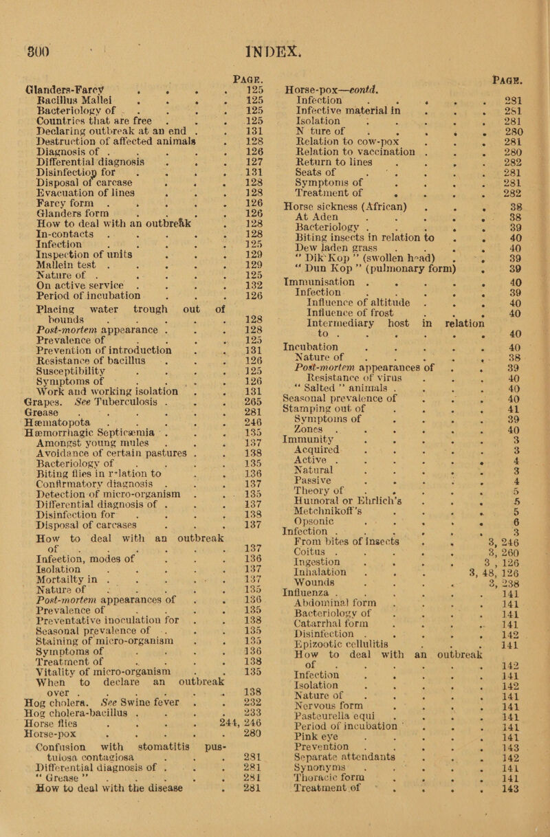 PAGE. Qlanders-Farcy i ° ; Raine Ass Bacillus Mallei : A A > 125 Bacteriology of . . = . head WAS ‘Countries that are free. ; Bute all ZA Declaring outbreak at an end . eg ok Destruction of affected animals Again 403 Diagnosis of . i : g 126 Differential diagnosis é A yee Ar Disinfection for A ‘ 5 131 Disposal of carcase : 4 pee aS Hvacuation of lines ‘ é . 128 Farcy form . . ‘ : 126 Glanders form z 126 How to deal with an outbrefik Agha | In-contacts é 3 share a4 3} Infection ; 125 Inspection of units ‘ ; oy ¢, £20 Mallein test . 3 : A A 129 Nature of 5 3 3 sj 125 On active service 5 A 132 Period of incubation 4 js rere OG Placing water trough out of bounds 4 eT eEN 128 Post-mortem appearance d Sait aes Prevalence of SEPIA) Prevention of introduction 5 131 Resistance of bacillus x 126 Susceptibility pase Symptoms of igs es DO Work and working isolation 4 4 131 Grapes. See Tuberculosis . ‘ - +265 Grease ; , ‘ A N 281 Hematopota . - 246 Hemorrhagic Septicaemia - p 135 Amongst young mules 5 ; 13 Avoidance of certain ReBLOTG A 138 Bacteriology of : 135 Biting flies in relation to_ 136 Confirmatory diagnosis 137 Detection of micro-organism 135 Differential diagnosis of . 137 Disinfection for t 138 Disposal of carcases ; Saseui oct) How to deal with an outbreak of : : : : : Pa Aye Infection, modes of ; 136 Isolation ; . 137 Mortailty in ; 137 Nature of ; 135 Post-mortem appearances of se oO Prevalence of 3 135 Preventative inoculation for 4 138 Seasonal prevalence of 135 Staining of micro- organism 135 Symptoms of : i 136 Treatment of &amp; ; é 138 Vitality of micro-organism : B 135 When to declare an outbreak Over . . ; : ‘ i; 138 Hog cholera. See Swine fever . S232 Hog cholera-bacillus . : pa 2283 ' Horse flies : 244, 246 Horse-pox 5 ‘ , r . 12-280 Confusion with stomatitis pus- tulosa contagiosa ‘ 281 Differential diagnosis of . . 281 ** Grease ”’ : 281 How to deal with the disease eeregsi Horse-pox—eontd. Infection ‘ Infective material in ; Isolation 4 2 N ture of 7 ‘ Relation to cow- pox Relation to vaccination Return to lines Seats of ela esr. 3 Symptons of 5 : Treatment of ‘. A Horse sickness eee et : At Aden A Bac teriology . Biting insects in relation to Dew laden grass : °’ Dik Kop” (sw ollen head) “Dun Kop” Immunisation . 3 Infection 4 Influence of altitude Influence of frost er ee host in O°: 3 s S Incubation Nature of Post-mortem appearances of Resistance of virus “ Salted ’ animals . Seasonal prevalence of 5 Stamping out of , 5 Symptoins of A : Zones. B 5 : Immunity ; : A Acquired Active 3 A : Natural 3 A 5 Passive 5 ° Theory of Humoral or Ehrlich’ 8 Metchnikoff’s Opsonic Infection . From bites of nsec ts Coitus ; i Ingestion . A Inhalation : 5 Wounds Influenza . Abdominal form Bacteriology of Catarrhal form Disinfection Epizootic cellulitis | o roe) a8 Wels .8 6 te) wlan How to deal with an of , . : Infection ‘ A Isolation 5 - Nature of Fs : Nervous form Pasteurella equi Period of incubation ° Pink eye s Prevention . Separate attendants Synonyms Thoracic form Treatment of ~ , Se) 6 8 +O. 0 9, eke Oe ew Se €), O70 16> ware. Oa: of Cy 6 ° ae ee a ee “_0e© @ @e @ «@ oe e © © @ e- O18, 2.8) ag, Ss oe Se -@e © © © © @ -_ - : cs oo oo wo 09 « C6: 56 Ee 88 TR, 06 a: FAY 142 141 143