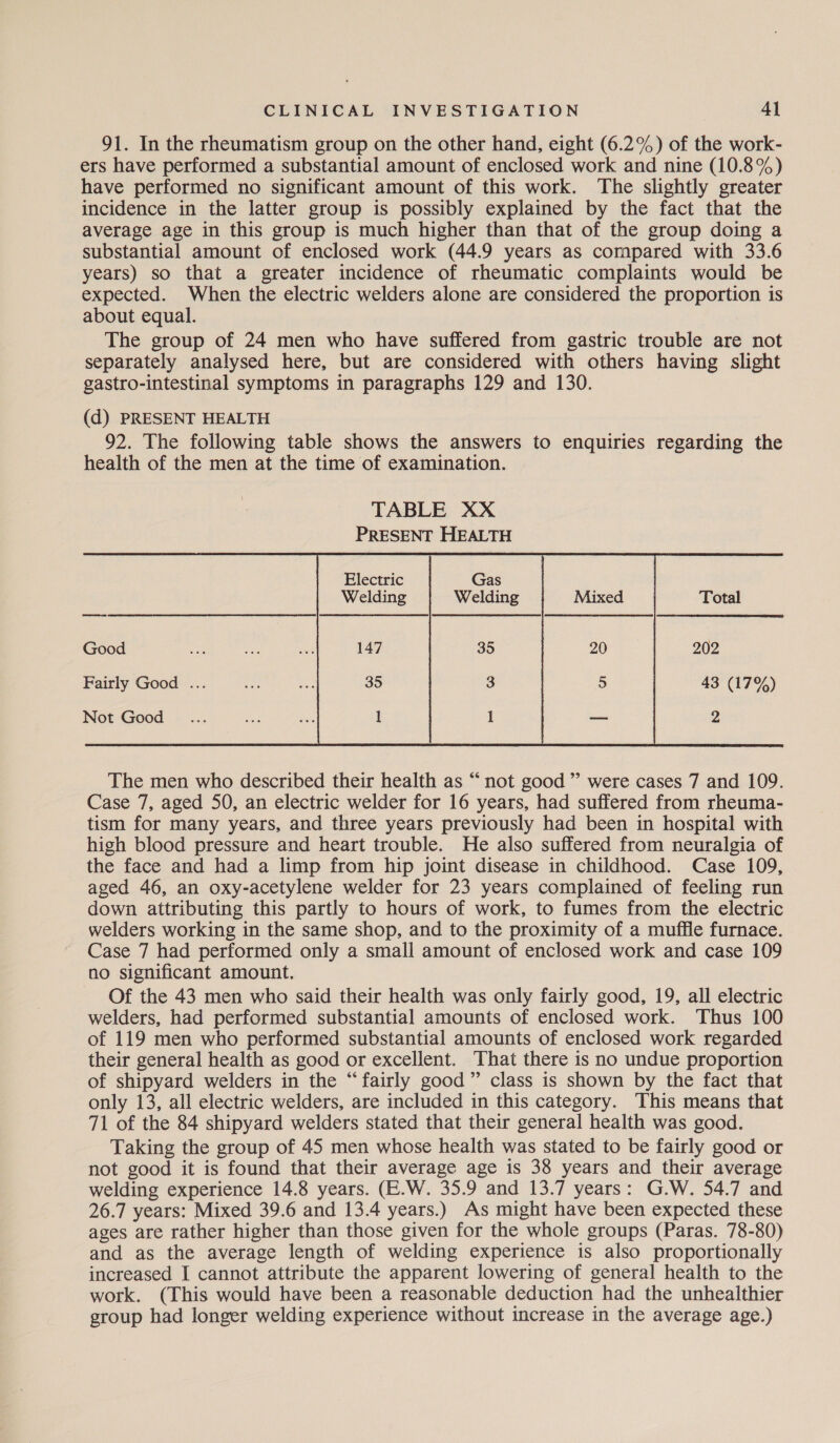 91. In the rheumatism group on the other hand, eight (6.2%) of the work- ers have performed a substantial amount of enclosed work and nine (10.8%) have performed no significant amount of this work. The slightly greater incidence in the latter group is possibly explained by the fact that the average age in this group is much higher than that of the group doing a substantial amount of enclosed work (44.9 years as compared with 33.6 years) so that a greater incidence of rheumatic complaints would be expected. When the electric welders alone are considered the proportion is about equal. The group of 24 men who have suffered from gastric trouble are not separately analysed here, but are considered with others having slight gastro-intestinal symptoms in paragraphs 129 and 130. (d) PRESENT HEALTH 92. The following table shows the answers to enquiries regarding the health of the men at the time of examination.       Electric Gas Welding Welding   Total Good 147 35 202 Fairly Good ... 43 (17%) Not Good 2 The men who described their health as “not good” were cases 7 and 109. Case 7, aged 50, an electric welder for 16 years, had suffered from rheuma- tism for many years, and three years previously had been in hospital with high blood pressure and heart trouble. He also suffered from neuralgia of the face and had a limp from hip joint disease in childhood. Case 109, aged 46, an oxy-acetylene welder for 23 years complained of feeling run down attributing this partly to hours of work, to fumes from the electric welders working in the same shop, and to the proximity of a muffle furnace. Case 7 had performed only a small amount of enclosed work and case 109 no significant amount. Of the 43 men who said their health was only fairly good, 19, all electric welders, had performed substantial amounts of enclosed work. Thus 100 of 119 men who performed substantial amounts of enclosed work regarded their general health as good or excellent. That there is no undue proportion of shipyard welders in the “fairly good” class is shown by the fact that only 13, all electric welders, are included in this category. This means that 71 of the 84 shipyard welders stated that their general health was good. Taking the group of 45 men whose health was stated to be fairly good or not good it is found that their average age is 38 years and their average welding experience 14.8 years. (E.W. 35.9 and 13.7 years: G.W. 54.7 and 26.7 years: Mixed 39.6 and 13.4 years.) As might have been expected these ages are rather higher than those given for the whole groups (Paras. 78-80) and as the average length of welding experience is also proportionally increased I cannot attribute the apparent lowering of general health to the work. (This would have been a reasonable deduction had the unhealthier group had longer welding experience without increase in the average age.)