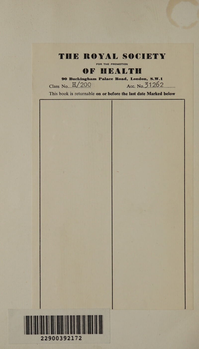 THE ROYAL SOCIETY FOR THE PROMOTION OF HEALTH 90 Buckingham Palace Road, London, 8.W.1 Class No... H/200 Acc. No.31.262 eta This book is returnable on or before the last date Marked below WNL