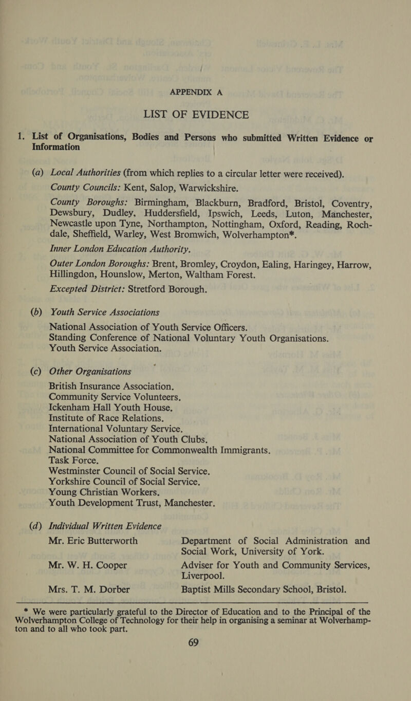 LIST OF EVIDENCE 1. List of Organisations, Bodies and ace who submitted Written Evidence or Information (a) Local Authorities (from which replies to a circular letter were received). County Councils: Kent, Salop, Warwickshire. County Boroughs: Birmingham, Blackburn, Bradford, Bristol, Coventry, Dewsbury, Dudley, Huddersfield, Ipswich, Leeds, Luton, Manchester, Newcastle upon Tyne, Northampton, Nottingham, Oxford, Reading, Roch- dale, Sheffield, Warley, West Bromwich, Wolverhampton*. Inner London Education Authority. Outer London Boroughs: Brent, Bromley, Croydon, Ealing, Haringey, Harrow, Hillingdon, Hounslow, Merton, Waltham Forest. Excepted District: Stretford Borough. (b) Youth Service Associations National Association of Youth Service Officers. Standing Conference of National Voluntary Youth Organisations. Youth Service Association. (c) Other Organisations British Insurance Association. Community Service Volunteers. Ickenham Hall Youth House. Institute of Race Relations. International Voluntary Service. National Association of Youth Clubs. National Committee for Commonwealth Immigrants. Task Force. Westminster Council of Social Service. Yorkshire Council of Social Service. Young Christian Workers. Youth Development Trust, Manchester. (d) Individual Written Evidence Mr. Eric Butterworth Department of Social Administration and Social Work, University of York. Mr. W. H. Cooper Adviser for Youth and Community Services, Liverpool. Mrs. T. M. Dorber Baptist Mills Secondary School, Bristol. * We were particularly grateful to the Director of Education and to the Principal of the Wolverhampton College of Technology for their help in organising a seminar at Wolverhamp- ton and to all who took part.