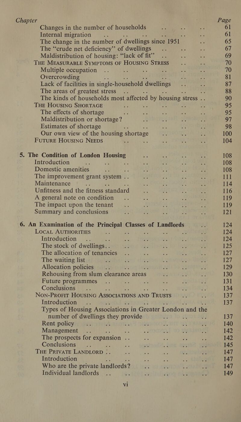 Changes in the number of households Internal migration : : The change in the number of dwellings since 195 . The ‘‘crude net deficiency”’ of dwellings Maldistribution of housing: “‘lack of fit’’ THE MEASURABLE SYMPTOMS OF HOUSING STRESS Multiple occupation Overcrowding Lack of facilities in single- household dwellings The areas of greatest stress .. if The kinds of households most affected by housing stress Pe THE HOUSING SHORTAGE te . = The effects of shortage Maldistribution or shortage? Estimates of shortage Our own view of the housing shortage FUTURE HOUSING NEEDS 5. The Condition of London me es Introduction vk ; Domestic amenities The improvement grant system . Maintenance : Unfitness and the fitness Prandacd A general note on condition The impact upon the tenant Summary and conclusions 6. An Examination of the Principal Classes of Landlords LOcAL AUTHORITIES Introduction The stock of dwellings. The allocation of tenancies The waiting list Allocation policies Rehousing from slum clearance areas Future programmes Conclusions Non-PROFIT HOUSING ASSOCIATIONS AND ) TRUSTS Introduction Types of Housing Associations i in Greater London and the number of dwellings they provide Rent policy a Management He The prospects for expansion P Conclusions THE PRIVATE LANDLORD | Introduction Who are the private landlords? Individual landlords vi 137 137 140 142 142 145 147 147 149