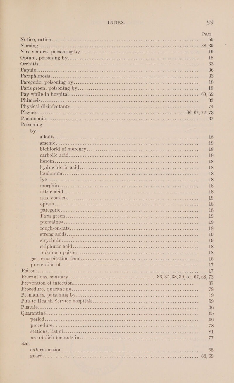 Page PIRATE aE IGOIAte Ree ENN A hg che ee Sen dn ty thera cS ahaa ha he: sy Sie pete 59 Rs teenie Poa icici REE OSs eS Eee REE SD Seo ene ee ae SER 38, 39 PNR Ns IMO OOLSOE IACI Vis. a8 bins a Oe mx cmacria wee ee Sic,eieib wp cea v's Os DS VRB EE 19 ep UMMA MTNA NCCES ION 3 YA a isGeae: A foo sass 2 acd sels aie auvi pins $x els Se Ee £. 18 IS CONGO a OR pod le Ge Rr ee ee Lane ee f 33 ee eee eer eS he be ieee ase SAS ed OS AREER Bee ee 36 eR 1 SR yc eeyiaccr oe SE Sas oe rial ina nya tap ee SIRS A A ER ISS Be 33 Pee Conte elem be ys oee acres ts yepst awe asia edit Anes fee PEAS e « 18 PORTA EOE C Ola ONC OMT Ay ios aio ties cals pee Smee wits 8 sec 2 «(mses OREOIY PROSE 19 Peay acmlatlio Wm WO Ub aN ra wwe se Core ss ears eta ae At eto Reta ee! Lesh oi URS eae 60, 62 EMA OBIS s 25. see Bees yaks eae Ci sa ress abet one eager gas Soe eee, SE a 33 LP CSU ESIGEN SG HISTO 2) 0) £01 sea ae ais Atm oe Seren tie Ae ee one NREL ATT TAL ct 74 PAACUIC! (S25 SM y ieee tae oe ne epee aa een en Mie ta beeen cnet: oe 66.6772; 73 Peete emt Ne ere ae i OEMs oe fe h Bost Selon Ses Genes wings La ALR ES ee 67 Poisoning: by— SOSA SOE AR ees Nar OG ayo Be rai ee Re miaie tie noe es SES Sexe Seas 18 1 SSE Cem Ale ra MO ae ee as ee eee Dt OR PURE Mahe. renee ne Shar 1 PCHOGI OL MAC RCUTY < 55.\h ose an 22 oes at else ak ino eae ee a 18 COST ELOY NIECE VSI 0 MRS Se AWS rac St es erred Te ge ange ANE Re OTe aneeent ee ee 18 Herolt <= <5 << FRETS OAD SMe SA ORE ER Apo eT OU ZEN Monae Tin PEE CS 18 SOMe CIOL CWA CHEn ta ns Siete Ses oe A eae ea aoe ee eA 18 WAL ATA WL EWS 25, 9s (Bete Se ocean 2 seen. 9 Spat bam oS IE Se ae PR Man, Se 18 Bee eS Se eee, Sits 8) yeaa am Least tyme PG Let ee 18 Go ON IMA te a Saar pet Te iene hre Re NS acs cise ih a MeN eh uals Mien e nae aaah ans ell 18 Banca UG mene eer io eh Say wie eurts eihe Meld tee ceils Me cee ee 18 MUU OMAN CO wi Ae eas, 20 om Conds aes See anaes Melee enn le et neem iy BS ONAN erty oe oo pes Pract tag. ora Ie ieee has ate Una 18 forte OMICS Slee Sewseec ene RPE enna eas eae ee ce eRe 18 PeRigweMCOWs Seo Sick ee yee) nae ee Se eee gh eee ae REARS EN ES Ae, 19 [GMCS a Oates Pot iediert tema Re ne me er ESE ECY A binant = rams e 19 FOUSM-ON-TAUG. o2ic0's ca 6 oe ses Mee a claire Dink eee eleije shes eg rpephd ra ee 18 BEROM ONC ISHED oi Picea Gpecrai gd abe pd atid cat sponta ehoisie Gases Quaid oes 19 Beryclmine 2. <2 -.; teri O as a etn cam ts aaa Ane eine ee eer a rt eee 19 SUI MERC RACs So oan eas ote oe ate Renae yee ate ind enna anes 18 aN en ORME NOUS Olde me ce ae Ce nit. tar iceaa ONS sie else an vebatga Suc tea 18 Pas ete USGI ULOU CONN 2 oye es ei a aie aa ek eueks age ieee fase 15 POC Me ILIOMAOU OE sen mie 2 inci acer error crane ee ten or See eas 17 Maes ee ge ese ae oe eee ee ig Sarees ef NO eee ee a ee ee er iby eveeriens, callliaty=-......su<' sou see i wsee een bain es ree 36, 37, 38, 39, 51, 67, 68, 73 Mare een LOM MPIC CL ROM.2 <n: Sac Gia; vas au Sk ied Gale Aw oe = iste mega a oi Pee dune nO AreMtNNOs os: sac sc estes gee oh nes ut Dolo Sate &amp; Se aise ele ss aloe 78 Peromia mesa OLSOUINGDD Von 4 see otis csi 4 darts disieete ped Saime Shee RS seh a ee 19 Fammiendlealtin Seryice-Nospitals.. co2.2 4. cae= +s oe os Sack see adem SS a ee 59 Dee cee apiece eae ae acta, ener et ne hareeian arse orl, oo onal < Gin meta e Ge aa 36 ere tem RIN tf a er ete een cyes ee nee Ns, Leyte ere hola, ee at ge 65 oe Olen Meise Aaa mead. Ne tees, BAC a ema oy Seen el ode c cmeiica > Ie eel Ne 66 CROCS NU Saar g Pe AG ee elec Cert fans ARs ina Wan mr an teh (nein eee 78 BrAtIONS ist Olvas See het eet. See ee cea. os OS AER Rey AER Reo 81 Picci mleciM COU MSRM. niet ae eee on ee aces Occ me ead ws crag 77 nat: ke rae ToD Hee Vp PE ROS, Ae OM toeatay tn ci) os nin RS She Pea MOEA 68