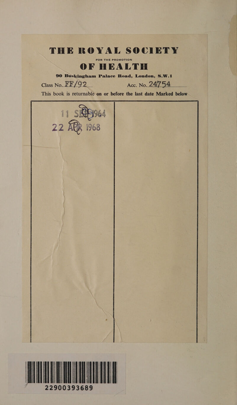 THE ROYAL SOCIETY FOR THE PROMOTION OF HEALTH 90 Buckingham Palace Road, London, S.W.1 Class No.. FF/92.. Acc. No..247 54 Meet This book is returnable on or before the last date Marked below                  |         AINA TTC i,