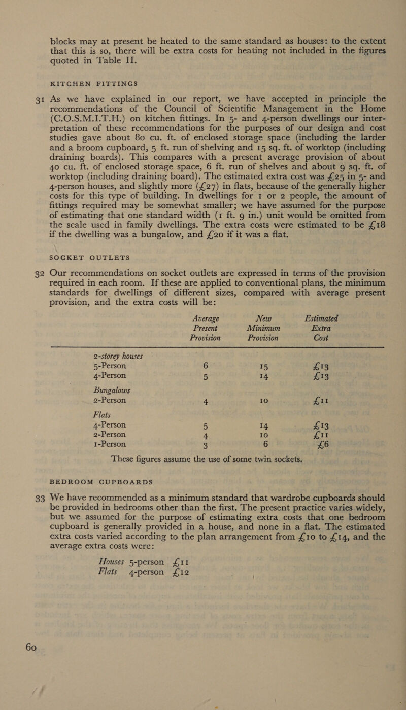 32 33 60 blocks may at present be heated to the same standard as houses: to the extent that this is so, there will be extra costs for heating not included in the figures quoted in Table II. KITCHEN FITTINGS recommendations of the Council of Scientific Management in the Home (C.O.S.M.I1.T.H.) on kitchen fittings. In 5- and 4-person dwellings our inter- pretation of these recommendations for the purposes of our design and cost studies gave about 80 cu. ft. of enclosed storage space (including the larder and a broom cupboard, 5 ft. run of shelving and 15 sq. ft. of worktop (including draining boards). This compares with a present average provision of about 40 cu. ft. of enclosed storage space, 6 ft. run of shelves and about g sq. ft. of worktop (including draining board). The estimated extra cost was £25 in 5- and 4-person houses, and slightly more (£27) in flats, because of the generally higher costs for this type of building. In dwellings for 1 or 2 people, the amount of fittings required may be somewhat smaller; we have assumed for the purpose of estimating that one standard width (1 ft. 9 in.) unit would be omitted from the scale used in family dwellings. The extra costs were estimated to be £18 if the dwelling was a bungalow, and £20 if it was a flat. SOCKET OUTLETS Our recommendations on socket outlets are expressed in terms of the provision required in each room. If these are applied to conventional plans, the minimum standards for dwellings of different sizes, compared with average present provision, and the extra costs will be: Average New Estimated Present Minimum Extra Provision Provision Cost 2-storey houses 5-Person 6 15 £13 4-Person 5 14 £13 Bungalows 2-Person 4 LO, she res Flats 4-Person 5 14 £13 2-Person 4 10 £1 1-Person 3 6 £6 These figures assume the use of some twin sockets. BEDROOM CUPBOARDS We have recommended as a minimum standard that wardrobe cupboards should be provided in bedrooms other than the first. The present practice varies widely, but we assumed for the purpose of estimating extra costs that one bedroom cupboard is generally provided in a house, and none in a flat. The estimated extra costs varied according to the plan arrangement from £10 to £14, and the average extra costs were: Houses 5-person £11 Flats 4-person £12