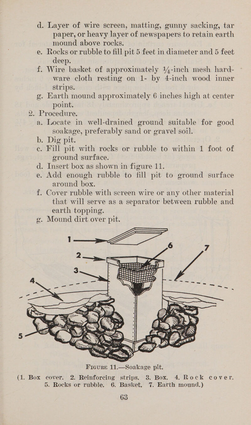 d. Layer of wire screen, matting, gunny sacking, tar paper, or heavy layer of newspapers to retain earth mound above rocks. e. Rocks or rubble to fill pit 5 feet in diameter and 5 feet deep. Wire basket of approximately 14-inch mesh hard- ware cloth resting on 1- by 4-inch wood inner strips. . Earth mound approximately 6 inches high at center point. 2. Procedure. a. Locate in well-drained ground suitable for good soakage, preferably sand or gravel soil. b. Dig pit. ce. Fill pit with rocks or rubble to within 1 foot of ground surface. d. Insert box as shown in figure 11. e. Add enough rubble to fill pit to ground surface around box. f. Cover rubble with screen wire or any other material that will serve as a separator between rubble and earth topping. . Mound dirt over pit. eh to}  ogee ae Tae Sn ACS   il we ve Us ry * ee =: me rin, &amp; O13, 