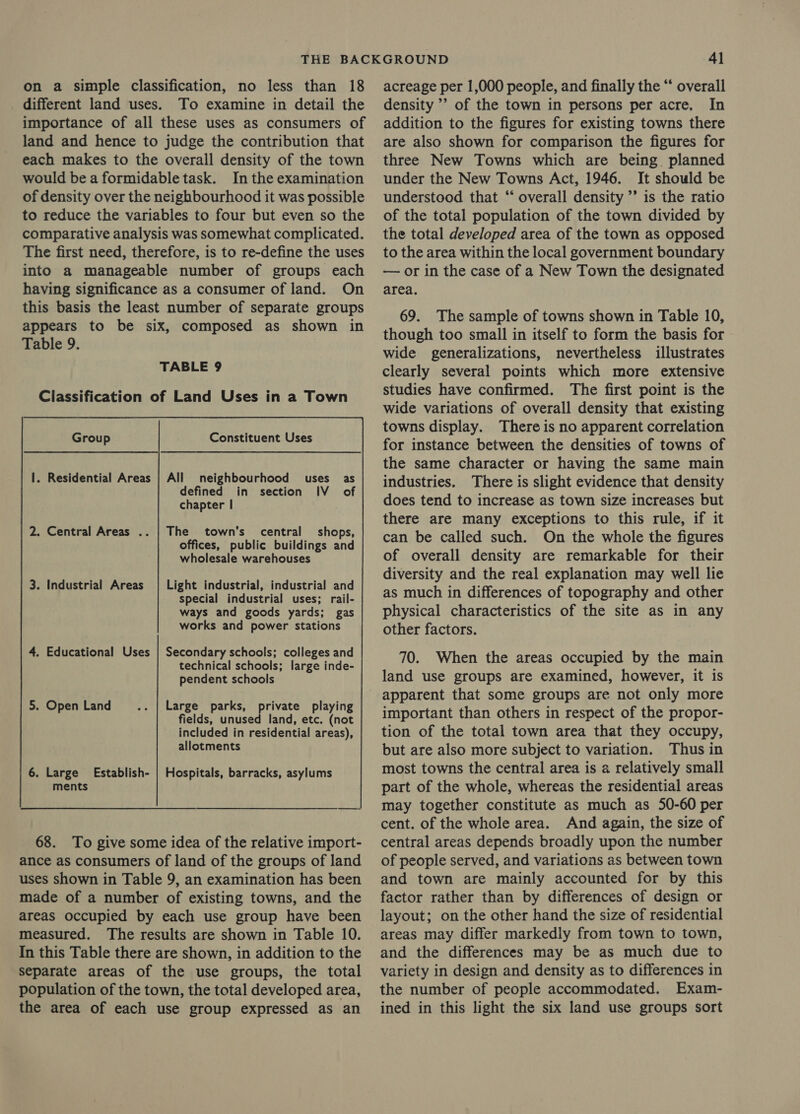 different land uses. To examine in detail the importance of all these uses as consumers of land and hence to judge the contribution that each makes to the overall density of the town would be a formidabletask. Inthe examination of density over the neighbourhood it was possible to reduce the variables to four but even so the comparative analysis was somewhat complicated. The first need, therefore, is to re-define the uses into a manageable number of groups each having significance as a consumer of land. On this basis the least number of separate groups appears to be six, composed as shown in Table 9. TABLE 9  Group Constituent Uses I. Residential Areas | All neighbourhood uses as defined in section IV _ of chapter | 2. Central Areas .. | The town’s central shops, offices, public buildings and wholesale warehouses Light industrial, industrial and special industrial uses; rail- ways and goods yards; gas works and power stations 3. Industrial Areas Secondary schools; colleges and technical schools; large inde- pendent schools 4. Educational Uses 5. Open Land Large parks, private playing fields, unused land, etc. (not included in residential areas), allotments 6. Large Establish- | Hospitals, barracks, asylums ments 68. To give some idea of the relative import- ance as consumers of land of the groups of land uses shown in Table 9, an examination has been made of a number of existing towns, and the areas occupied by each use group have been measured. The results are shown in Table 10. In this Table there are shown, in addition to the separate areas of the use groups, the total population of the town, the total developed area, the area of each use group expressed as an density ’’ of the town in persons per acre. In addition to the figures for existing towns there are also shown for comparison the figures for three New Towns which are being planned under the New Towns Act, 1946. It should be understood that “‘ overall density ”’ is the ratio of the total population of the town divided by the total developed area of the town as opposed to the area within the local government boundary — or in the case of a New Town the designated area. 69. The sample of towns shown in Table 10, though too small in itself to form the basis for wide generalizations, nevertheless illustrates clearly several points which more extensive studies have confirmed. The first point is the wide variations of overall density that existing towns display. There is no apparent correlation for instance between the densities of towns of the same character or having the same main industries. There is slight evidence that density does tend to increase as town size increases but there are many exceptions to this rule, if it can be called such. On the whole the figures of overall density are remarkable for their diversity and the real explanation may well lie as much in differences of topography and other physical characteristics of the site as in any other factors. 70. When the areas occupied by the main land use groups are examined, however, it is apparent that some groups are not only more important than others in respect of the propor- tion of the total town area that they occupy, but are also more subject to variation. Thus in most towns the central area is a relatively small part of the whole, whereas the residential areas may together constitute as much as 50-60 per cent. of the whole area. And again, the size of central areas depends broadly upon the number of people served, and variations as between town and town are mainly accounted for by this factor rather than by differences of design or layout; on the other hand the size of residential areas may differ markedly from town to town, and the differences may be as much due to variety in design and density as to differences in the number of people accommodated. Exam- ined in this light the six land use groups sort