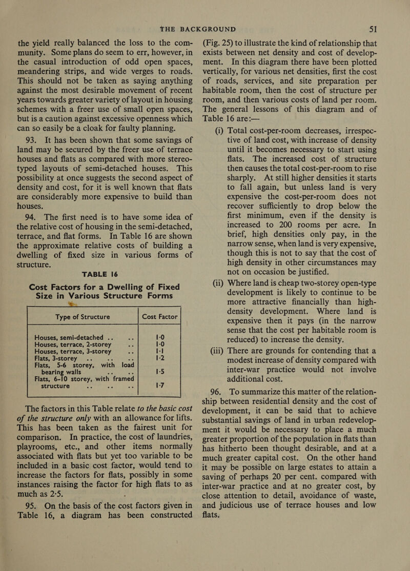 the yield really balanced the loss to the com- munity. Some plans do seem to err, however, in the casual introduction of odd open spaces, meandering strips, and wide verges to roads. This should not be taken as saying anything against the most desirable movement of recent years towards greater variety of layout in housing schemes with a freer use of small open spaces, but is a caution against excessive openness which can so easily be a cloak for faulty planning. 93. It has been shown that some savings of land may be secured by the freer use of terrace houses and flats as compared with more stereo- typed layouts of semi-detached houses. This possibility at once suggests the second aspect of density and cost, for it is well known that flats are considerably more expensive to build than houses. 94. The first need is to have some idea of the relative cost of housing in the semi-detached, terrace, and flat forms. In Table 16 are shown the approximate relative costs of building a dwelling of fixed size in various forms of structure. TABLE 16 Cost Factors for a Dwelling of Fixed Size in Various Structure Forms Type of Structure Cost Factor Houses, semi-detached .. Houses, terrace, 2-storey Houses, terrace, 3-storey Flats, 3-storey .. Flats, 5-6 storey, bearing walls ne vs Flats, 6-10 storey, with framed structure es Ry ay  The factors in this Table relate to the basic cost of the structure only with an allowance for lifts. This has been taken as the fairest unit for comparison. In practice, the cost of laundries, playrooms, etc., and other items normally associated with flats but yet too variable to be included in a basic cost factor, would tend to increase the factors for flats, possibly in some instances raising the factor for high flats to as much as 2:5. 95. On the basis of the cost factors given in Table 16, a diagram has been constructed (Fig. 25) to illustrate the kind of relationship that exists between net density and cost of develop- ment. In this diagram there have been plotted vertically, for various net densities, first the cost of roads, services, and site preparation per habitable room, then the cost of structure per room, and then various costs of land per room. The general lessons of this diagram and of Table 16 are:— (i) Total cost-per-room decreases, irrespec- tive of land cost, with increase of density until it becomes necessary to start using flats. The increased cost of structure then causes the total cost-per-room to rise sharply. At still higher densities it starts to fall again, but unless land is very expensive the cost-per-room does not recover sufficiently to drop below the first minimum, even if the density is increased to 200 rooms per acre. In brief, high densities only pay, in the narrow sense, when land is very expensive, though this is not to say that the cost of high density in other circumstances may not on occasion be justified. (ii) Where land is cheap two-storey open-type development is likely to continue to be more attractive financially than high- density development. Where land is expensive then it pays (in the narrow sense that the cost per habitable room is reduced) to increase the density. (iii) There are grounds for contending that a modest increase of density compared with inter-war practice would not involve additional cost. 96, Tosummarize this matter of the relation- ship between residential density and the cost of development, it can be said that to achieve substantial savings of land in urban redevelop- ment it would be necessary to place a much greater proportion of the population in flats than has hitherto been thought desirable, and at a much greater capital cost. On the other hand it may be possible on large estates to attain a saving of perhaps 20 per cent. compared with inter-war practice and at no greater cost, by close attention to detail, avoidance of waste, and judicious use of terrace houses and low flats.