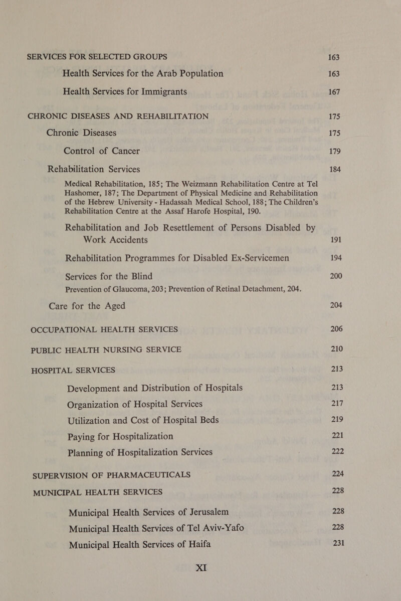 SERVICES FOR SELECTED GROUPS Health Services for the Arab Population Health Services for Immigrants CHRONIC DISEASES AND REHABILITATION Chronic Diseases Control of Cancer Rehabilitation Services Medical Rehabilitation, 185; The Weizmann Rehabilitation Centre at Tel Hashomer, 187; The Department of Physical Medicine and Rehabilitation of the Hebrew University - Hadassah Medical School, 188; The Children’s Rehabilitation Centre at the Assaf Harofe Hospital, 190. Rehabilitation and Job Resettlement of Persons Disabled by Work Accidents Rehabilitation Programmes for Disabled Ex-Servicemen Services for the Blind Prevention of Glaucoma, 203; Prevention of Retinal Detachment, 204. Care for the Aged OCCUPATIONAL HEALTH SERVICES PUBLIC HEALTH NURSING SERVICE HOSPITAL SERVICES Development and Distribution of Hospitals Organization of Hospital Services Utilization and Cost of Hospital Beds Paying for Hospitalization Planning of Hospitalization Services SUPERVISION OF PHARMACEUTICALS MUNICIPAL HEALTH SERVICES Municipal Health Services of Jerusalem Municipal Health Services of Tel Aviv-Yafo Municipal Health Services of Haifa XI 163 163 167 175 175 179 184 191 194 200 204 206 210 213 213 217 219 ook 222 224 228 228 228 231