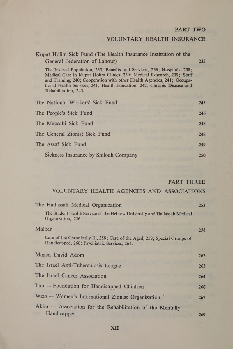 PART TWO VOLUNTARY HEALTH INSURANCE Kupat Holim Sick Fund (The Health Insurance Institution of the General Federation of Labour) 235 The Insured Population, 235; Benefits and Services, 236; Hospitals, 238; Medical Care in Kupat Holim Clinics, 239; Medical Research, 239; Staff and Training, 240; Cooperation with other Health Agencies, 241; Occupa- tional Health Services, 241; Health Education, 242; Chronic Disease and Rehabilitation, 243. The National Workers’ Sick Fund 245 The People’s Sick Fund 246 The Maccabi Sick Fund 248 The General Zionist Sick Fund 248 The Assaf Sick Fund 249 Sickness Insurance by Shiloah Company 250 PART THREE VOLUNTARY HEALTH AGENCIES AND ASSOCIATIONS The Hadassah Medical Organization 253 The Student Health Service of the Hebrew University and Hadassah Medical Organization, 256. Malben 258 Care of the Chronically Ill, 258; Care of the Aged, 259; Special Groups of Handicapped, 260; Psychiatric Services, 261. Magen David Adom 262 The Israel Anti-Tuberculosis League 263 The Israel Cancer Association 264 Ilan — Foundation for Handicapped Children 266 Wizo — Women’s International Zionist Organization | 267 Akim — Association for the Rehabilitation of the Mentally Handicapped | 269