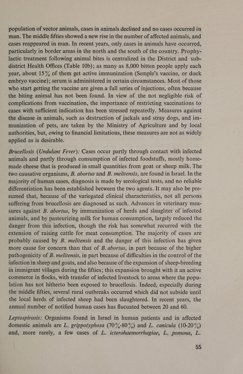 population of vector animals, cases in animals declined and no cases occurred in man. The middle fifties showed a new rise in the number of affected animals, and cases reappeared in man. In recent years, only cases in animals have occurred, particularly in border areas in the north and the south of the country. Prophy- lactic treatment following animal bites is centralized in the District and sub- district Health Offices (Table 10b); as many as 8,000 bitten people apply each year, about 15% of them get active immunization (Semple’s vaccine, or duck embryo vaccine); serum is administered in certain circumstances. Most of those who start getting the vaccine are given a full series of injections, often because the biting animal has not been found. In view of the not negligible risk of complications from vaccination, the importance of restricting vaccinations to cases with sufficient. indication has been stressed repeatedly. Measures against the disease in animals, such as destruction of jackals and stray dogs, and im- munization of pets, are taken by the Ministry of Agriculture and by local authorities, but, owing to financial limitations, these measures are not as widely applied as is desirable. Brucellosis (Undulant Fever): Cases occur partly through contact with infected animals and partly through consumption of infected foodstuffs, mostly home- made cheese that is produced in small quantities from goat or sheep milk. The two causative organisms, B. abortus and B. melitensis, are found in Israel. In the majority of human cases, diagnosis is made by serological tests, and no reliable differentiation has been established between the two agents. It may also be pre- sumed that, because of the variegated clinical characteristics, not all persons suffering from brucellosis are diagnosed as such. Advances in veterinary mea- sures against B. abortus, by immunization of herds and slaughter of infected animals, and by pasteurizing milk for human consumption, largely reduced the danger from this infection, though the risk has somewhat recurred with the extension of raising cattle for meat consumption. The majority of cases are probably caused by B. melitensis and the danger of this infection has given more cause for concern than that of B. abortus, in part because of the higher pathogenicity of B. melitensis, in part because of difficulties in the control of the infection in sheep and goats, and also because of the expansion of sheep-breeding in immigrant villages during the fifties; this expansion brought with it an active commerce in flocks, with transfer of infected livestock to areas where the popu- lation has not hitherto been exposed to brucellosis. Indeed, especially during the middle fifties, several rural outbreaks occurred which did not subside until the local herds of infected sheep had been slaughtered. In recent years, the annual number of notified human cases has flucuated between 20 and 60. Leptospirosis: Organisms found in Israel in human patients and in affected domestic animals are L. grippotyphosa (70%-80%) and L. canicula (10-20%) and, more rarely, a few cases of L. icterohaemorrhagiae, L. pomona, L. ah)
