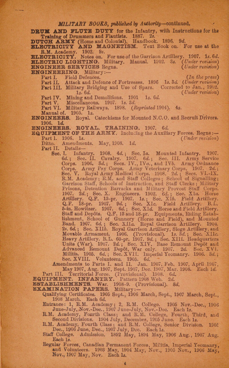 Te ety  MILITARY BOURS, published by Authority—continued, 4 DRUM AND FLUTE DUTY for tho Infantry, with Instructions for the _. raining of Drummers and Flautists. 1887. 2s. DUTCH ARMY (Home and Colonial), Handbook. 1896. 9d. ELECTRICITY AND MAGNETISM. Text Book on. For use at the R.M. Academy. 1902. 9s. ELECTRICITY. Notes on. For use of the Garrison Artillery. 1907. 1s. 6d. ELECTRIC LIGHTING. Military. Manual. 1902. 8s. (Under revision) - ENGINEER SERVICES Regns. (Under revision) ENGINEERING. Military :— Part I. Field Defences. (In the press) ‘ Part II. Attack and Defence of Fortresses. 1896 1s. 3d. (Under revision) : Part III. ee Bridging and Use of Spars. Corrected to Jan., 1902. s. 6d. (Under revision) Part IV. Mining and Demolitions. 1901 1s. 6d. Part V. Miscellaneous. 1907. Is. 3d. Part VI. Military Railways. 1898. (eprinted 1904). 4s. Manual of. 1905. Is. a ; ENGINEERS. Royal. Catechisms for Mounted N.O.O. and Recruit Drivers. ae . 1906. 1d. vee ENGINEERS. ROYAL. TRAINING. 1907. 6d. EQUIPMENT OF THE ARMY. Including the Auxiliary Forces. Regns :— Part 1. 1906. 1s. (Under revision) Ditto. Amendments. May, 1908. 1d. Part II. Details— Bec, I. Infantry. 1908. 4d.; Sec. Ia. Mounted Infantry. 1907. 6d.; Sec. II, Cavalry. 1907. 6d.; Sec. III. Army Service Corps. 1906. 38d.; Secs. IV. tVa), and IVb. Army Ordnance Corps. Army Pay Corps. Army Veterinary Corps. 1907. --2d.; Sec, V. Royal Army Medical Corps. 1908. 2d.; Secs. VI. ax, R.M. Academy; R.M. and Staff Colleges; School of Signalling; Garrison Staff, Schools of Instruction, and Staff Clerks ; Military Prisons, Detention Barracks and Military Provost Staff Corps. 1907. 2d. ; Sec. X. Engineers. 1902. 6d.; Sec. XIa. Horse Artillery. 'Q.F. 13-pr. 1907. 1s.; Sec, X1b. Field Artillery. Q.F. 18-pr. 1907. 9d.; Sec. XIc.. Field Artillery. B.L. 5-in. Howitzer. 1907. 6d. ; Sec, XId, Horse and Field Artillery. Staff and Depéts. Q.F. 18 and.18- -pr.. Equipments, Riding Estab- lishment, School of Gunnery (Horse and Field), and Mouuited © Band. 1907, 6d.; Sec. XIla. Royal Garrison Artillery. 1904. 2s. 6d.; Sec. XII. Royal Garrison Artillery, Siege Artillery, and Movable Armament, 1906. (Provisional). 1s. 3d.; Sec. XIle. Heavy Artillery. B.L. 60-pr. 1907. 9d.; Sec. XIIL. Headquarters Units (War). 1907. 2d.; Sec. XIV. Base Remount Depét and — Advanced mount Depét, War only. 1907. 2d. Sec. XVI. Militia. 1905. 6d.; Sec. XVII. Imperial Yeomanry. 1906. 3d. ; Sec. XVIIL Volunteers. 1905. 6d. Amendments to Parts I. and II. Jan. 1907, Feb. 1907, April 1907, May 1907, Aug. 1907, Sept. 1997, Dec. 1907, Mar. 1908. Hach id. Part III. Territorial Force. (Provisioual). 1908. 6d. EQUIPMENT. INFANTRY. Pattern 1908 Web. 2d. ESTABLISHMENTS. War. 1908-9. (Provisional). 8d. EXAMINATION PAPERS. Military :— Qualifying Certificates, 1905 Sept., 1906 March, Sept., 1907 March, Sept., 1908 March. Hach 6d, Entrance: 1, R.M. Academy; 2, R.M. College. 1905 Nov.-Dec., 1906 June-July, WNov.-Dec. , 1907 June-July, Nov.-Dee. Each Is. Second Divisions, 1904 July, December, 1905 June. Hach 1s. R.M. Academy, Fourth Class; and R.M. College, Senior Division. 180£ Dec., 1906 June, Dec., 1907 July, Dec. Hach 1s, Biall College, Admission, 1892 May, 1894 May, 1906 Aug., 1907 Aug. es ach 1s | ee Regular Forces, Canadian Permanent Forces, Militia, Irperial Yeomanry, ; Peau and Volunteers. 1903 May, 1904 May, Nov., 1905 Noy., 1906 Mes . oa Noy., 1907 May, Nov. Hach 1s, a 4   