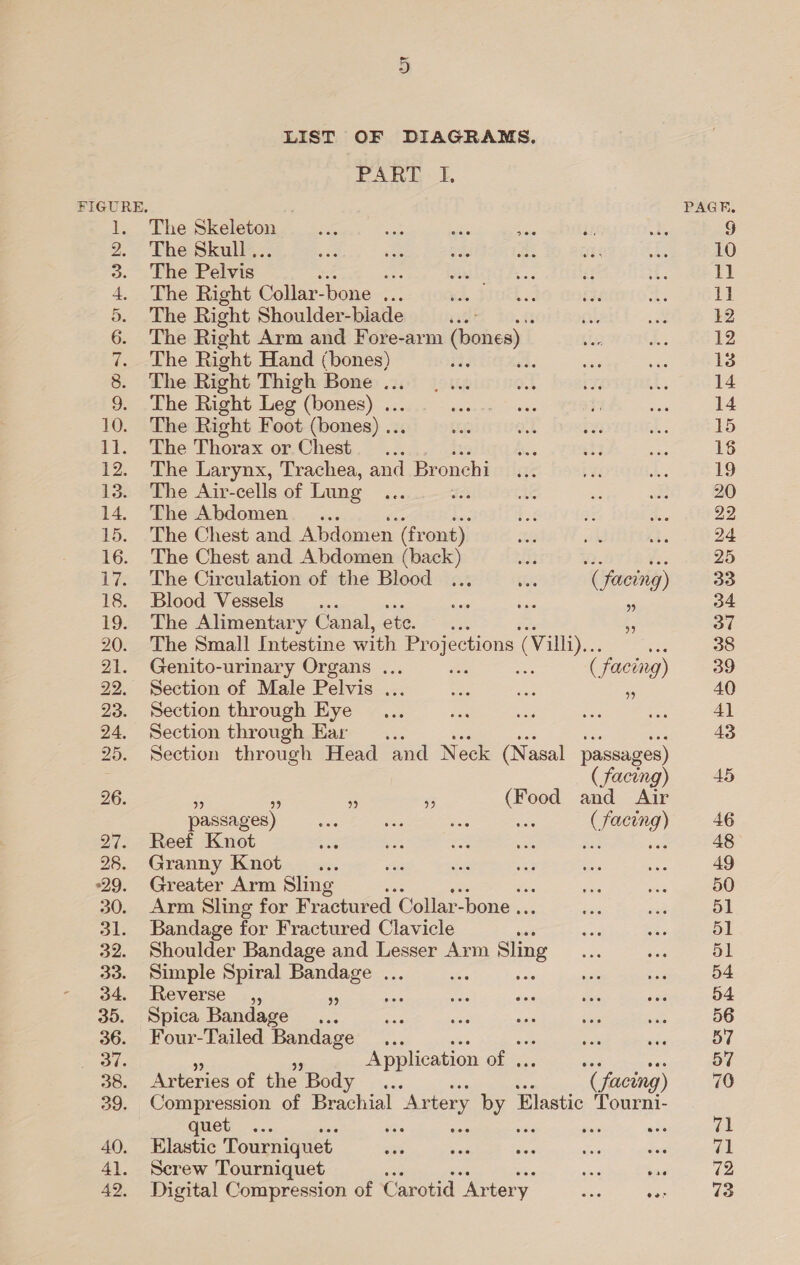 27. 28. 29. 30. dl. 34. 35. 36. ag. 39. 40. 42. LIST OF DIAGRAMS. PART I, The Skeleton The Skull .. The Pelvis _ se The Right Collar-bone ... The Right Shoulder-biade ak is The Right Arm and Fore-arm (bones) The Right Hand (bones) ; : The Right Thigh Bone ... The Right Leg (bones) ... The Right Foot (bones) .. The Thorax or Chest... The Larynx, Trachea, and Br onchi The Air-cells of Lung $23 The Abdomen... The Chest and Abdomen (fr ont) The Chest and Abdomen (back) int oe te The Circulation of the Blood ..., a2 ( facing) Blood Vessels... eee a6 ie The Alimentary Canal, ete ok The Small Intestine with Pr ge oes (Vill). Genito-urinary Organs ... eS ( facing) Section of Male Pelvis ... a a a Section through Eye Section through Ear... Section through Head and Neck (N asal passages) ( facing) 5 ie ‘6 Es (Food and Air passages) cas se is wae ( facing) Reef Knot ae ees e cae asd as Granny Knot... Greater Arm Sling : Arm Sling for Fractured Collar-bone .. Bandage for Fractured Clavicle ve Shoulder Bandage and Lesser Arm Sling Simple Spiral Bandage ... os Reverse _,, os sae Spica Bandage... Four-Tailed Bandage... ar sd Application of . Arteries of the Body «.... f facing) Compression of Brachial Artery by Elastic Tourni- Quet ... ea ee ae wine jee aes Elastic Tourniquet : Screw Tourniquet dis cit Digital Compression of Carotid Ar tery. ee oe: