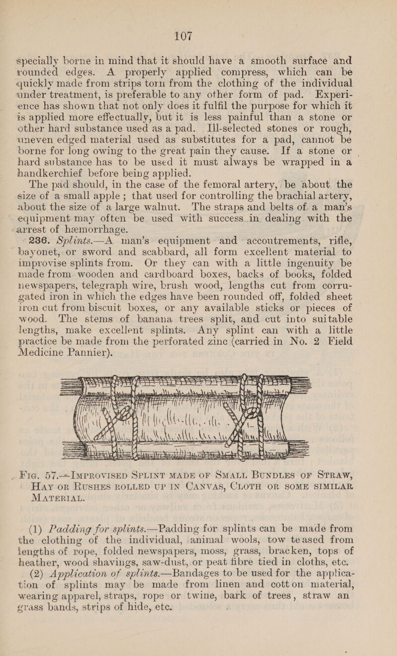 specially borne in mind that it should have a smooth surface and rounded edges. A properly applied compress, which can be quickly made from strips torn from the clothing of the individual under treatment, is preferable to any other form of pad. Experi- ence has shown that not only does it fulfil the purpose for which it is applied more effectually, but it is less painful than a stone or other hard substance used as a pad. Ill-selected stones or rough, uneven edged material used as substitutes for a pad, cannot be borne for long owing to the great pain they cause. If a stone or . hard substance has to be used it must always be wrapped in a handkerchief before being applied. | The pad should, in the case of the femoral artery, be about, the size of a small apple; that used for controlling the brachial artery, about the size of a large walnut. The straps and belts of. a man’s equipment may often be used with success..in, dealing with the -arrest of hemorrhage. : | 236. Splints—A man’s equipment and ~ accoutrements, rifle, bayonet,-or sword and scabbard, all form exceltent material to improvise splints from. Or they can with a little ingenuity be made from- wooden and cardboard boxes, backs of books, folded newspapers, telegraph wire, brush wood, lengths cut from corru- gated iron in which the edges have been rounded off, folded sheet iron cut from biscuit boxes, or any available sticks or pieces of wood. The stems of banana trees split, and cut into suitable lengths, make excellent splints. Any splint can with a little practice be made from the perforated zinc (carried in No. 2 Field Medicine Pannier).  » Fig. 57.,+IMPROVISED SPLINT MADE OF SMALL BUNDLES OF STRAW, Hay or RUSHES ROLLED UP IN CANVAS, CLOTH OR SOME SIMILAR MATERIAL. (1) Padding for splints.—Padding for splints can be made from the clothing of the individual, animal wools, tow teased from lengths of rope, folded newspapers, moss, grass, bracken, tops of heather, wood shavings, saw-dust, or peat fibre tied in cloths, etc. (2) Application of splints.—Bandages to be used for the applica- tion of splints may be made from linen and cotton material, wearing apparel, straps, rope or twine, bark of trees, straw an grass bands, strips of hide, ete. i