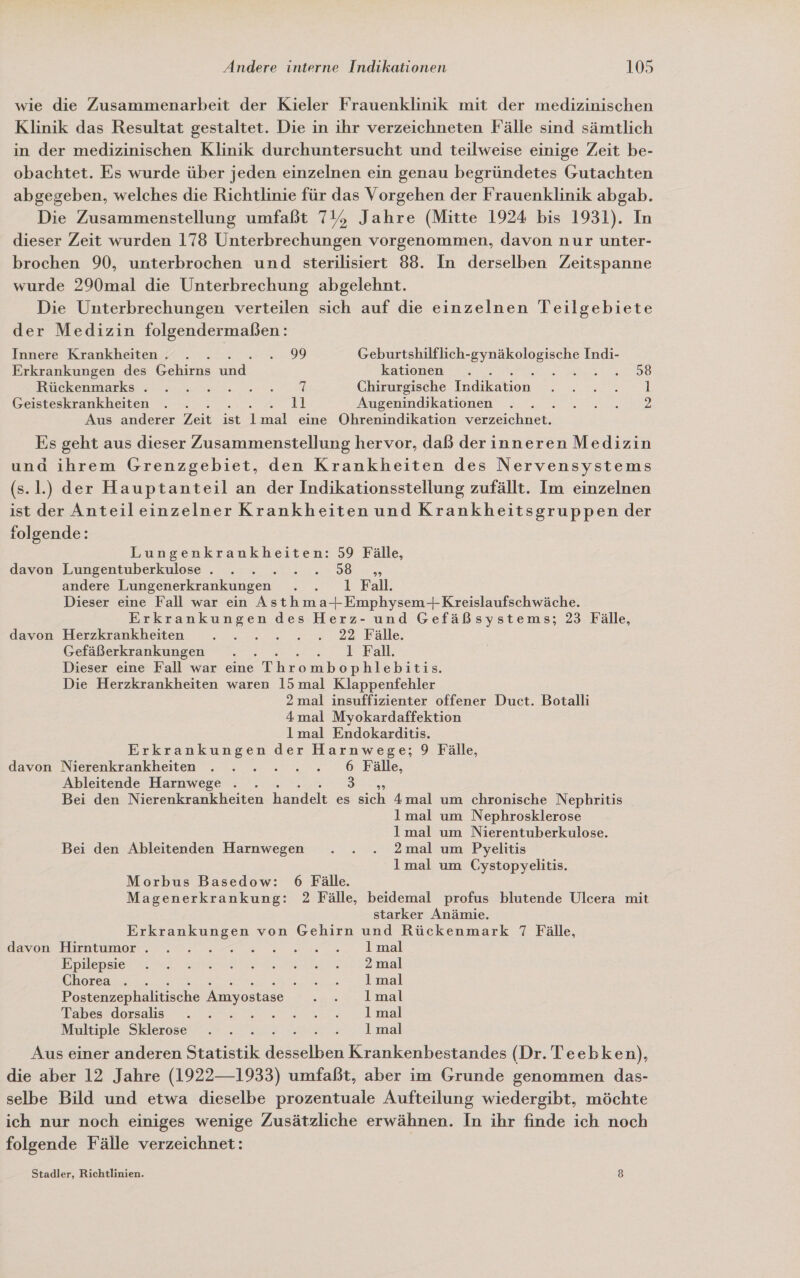 wie die Zusammenarbeit der Kieler Frauenklinik mit der medizinischen Klinik das Resultat gestaltet. Die in ihr verzeichneten Fälle sind sämtlich in der medizinischen Klinik durchuntersucht und teilweise einige Zeit be- obachtet. Es wurde über jeden einzelnen ein genau begründetes Gutachten abgegeben, welches die Richtlinie für das Vorgehen der Frauenklinik abgab. Die Zusammenstellung umfaßt 71, Jahre (Mitte 1924 bis 1931). In dieser Zeit wurden 178 Unterbrechungen vorgenommen, davon nur unter- brochen 90, unterbrochen und sterilisiert 88. In derselben Zeitspanne wurde 290mal die Unterbrechung abgelehnt. Die Unterbrechungen verteilen sich auf die einzelnen Teilgebiete der Medizin folgendermaßen: Innere Krankheiten . . 99 Geburtshilflich- ee Indi- Erkrankungen des Gehirns und. kationen . 020 Ruckenmarkansına ser ur: Chirurgische Indikation EEE | Geisteskrankheiten . . EUR © | Augenindikationen . . ERNST Aus anderer Zeit ist Imal eine Öhrenindikation ee Es geht aus dieser Zusammenstellung hervor, daß derinneren Medizin und ihrem Grenzgebiet, den Krankheiten des Nervensystems (s.1.) der Hauptanteil an der Indikationsstellung zufällt. Im einzelnen ist der Anteileinzelner Krankheiten und Krankheitsgruppen der folgende: Lungenkrankheiten: 59 Fälle, davon Lungentuberkulose . . . ...5 „ andere Lungenerkrankungen . . 1Fall. Dieser eine Fall war ein Asthma+Emphysem-+Kreislaufschwäche. Erkrankungen des Herz- und Gefäßsystems; 23 Fälle, davon Herzkrankheiten . .’. . ... 22 Fälle. Gefäßerkrankungen . . . . ... 1 Fall Dieser eine Fall war eine Thrombophlebitis. Die Herzkrankheiten waren 15 mal Klappenfehler 2 mal insuffizienter offener Duct. Botalli 4mal Myokardaffektion lmal Endokarditis. na der Harnwege; 9 Fälle, davon Nierenkrankheiten . . . . 6 Fälle, Ableitende Harnwege . Bei den Nierenkrankheiten handelt es sich 4mal um chronische Nephritis lmal um Nephrosklerose lmal um Nierentuberkulose. Bei den Ableitenden Harnwegen . . . 2mal um Pyelitis lmal um Cystopyelitis. Morbus Basedow: 6 Fälle. Magenerkrankung: 2 Fälle, beidemal profus blutende Ulcera mit starker Anämie. Erkrankungen von Gehirn und Rückenmark 7 Fälle, Rayonebiimamtunmorr. ae ae nd mal Epilepsie.“ =. ren ai 2,28 5232 mal Chorea . . rs baael Postenzephalitische Amyostase rar! abessdorsala. 2.2 07.0.0 art mal Multiple Sklerose . . 3 #1. mal Aus einer anderen en ae Krankenbestandes (Dr. Teebken), die aber 12 Jahre (1922—1933) umfaßt, aber im Grunde genommen das- selbe Bild und etwa dieselbe prozentuale Aufteilung wiedergibt, möchte ich nur noch einiges wenige Zusätzliche erwähnen. In ihr finde ich noch folgende Fälle verzeichnet: | Stadler, Richtlinien. 8