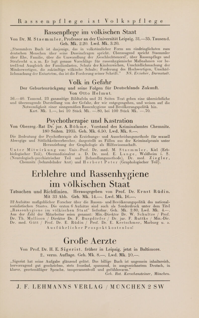 Pass sie n.p4 Liege ı at ol a Bi lre,ge Rassenpflege ım völkischen Staat Von Dr. M. Staemmler, Professor an der Universität Leipzig. 31.—35. Tausend. Geh. Mk. 2.20. Lwd. Mk. 3.20. „Staemmlers Buch ist dasjenige, das in volkstümlicher Form am eindringlichsten zum deutschen Menschen über seine Daseinsfragen spricht. Überzeugend spricht Staemmler über Ehe, Familie, über die Umwandlung der ‚Geschlechtsmoral‘, über Rassenpflege und Strafrecht u.a.m. Er legt genaue Vorschläge für rassenhygienische Maßnahmen vor be- treffend Ausgleich der Familienlasten, Schutz der Kinderreichen, Unschädlichmachung der Minderwertigen, die zukünftige völkische Schule; Forderung des Hochwertigen, Unschäd- lichmachung der Entarteten, das ist die Forderung seiner Schrift.“ NS. Erzieher, Darmstadt. Volk in Gefahr Der Geburtenrückgang und seine Folgen für Deutschlands Zukunft. Von Otto Helmut. 36.—40. Tausend. 23 ganzseitige Bildtafeln und 31 Seiten Text geben eine übersichtliche und überzeugende Darstellung von der Gefahr, der wir entgegengehen, und weisen auf die Notwendigkeit einer sinngemäßen Rassenhygiene und Bevölkerungspolitik hin. Kart. Mk. 1... bei 10 Stück Mk. —-.80; bei. 100 Stück Mk. —. 70, Psychotherapie und Kastration Von Oberreg.-Rat Dr. jur. A.Böhme, Vorstand des Kriminalamtes Chemnitz. 180 Seiten. 1935. Geh. Mk. 6.50. Lwd. Mk. 8.—. Die Bedeutung der Psychotherapie als Erziehungs- und Ausscheidungsmethode für sexuell Abwegige und Sittlichkeitsverbrecher, dargestellt an Fällen aus der Kriminalpraxis unter Heranziehung der Graphologie als Hilfswissenschaft. Unter Mitwirkung von: Univ.-Prof. Dr. med. M. Staemmler, Kiel (Erb- biologischer Teil), Obermedizinalrat a. D. Dr. med. E. Lange, Waldheim ı. S. (Neurologisch-psychiatrischer Teil und Behandlungsmethode), Dr. med. Ziegler, Chemnitz (behandelnder Arzt) und Herbert Peter (Graphologischer Teil). Erblehre und Rassenhygiene ım völkıschen Staat Tatsachen und Richtlinien. Herausgegeben von Prof. Dr. Ernst Rüdin. Mit 33 Abb. Geh. Mk. 14.—. Lwd. Mk. 16.—. 22 Aufsätze maßgeblicher Forscher über die Rassen- und Bevölkerungspolitik des national- sozialistischen Staates. Die ersten 6 Aufsätze sind auch als Sonderdruck unter dem Titel „Rassenhygiene im völkischen Staat“ lieferbar. Geh. Mk. 2.80, Lwd. Mk. 4.—. Aus der Zahl der Mitarbeiter seien genannt: Min.-Direktor Dr. W. Schultze / Prof. Dr. Th. Mollison / Direktor Dr. F. Burgdörfer / Dr. jur. F. Ruttke / Min.-Dır. Dr. med. Gütt /; Brot. Dr. E.&gt;Rüdin / Pror. Dr. E. Kreischmer, Marburg. u. a Ausführlicher Prospektkostenlosl Große Aerzte Von Prof. Dr. H.E. Sıigerist, früher in Leipzig, jetzt in Baltimore. 2., verm. Auflage. Geh. Mk. 8.—, Lwd. Mk. 10,—. „Sigerist hat seine Aufgabe glänzend gelöst. Das billige Buch ist ungemein inhaltsreich, hervorragend gut geschrieben, stets fesselnd, spannend, in ausgezeichnetem Deutsch, in klarer, gesetzmäßiger Sprache, temperamentvoll und gefühlswarm.“ Geh. Rat. Kerschensteiner, München.