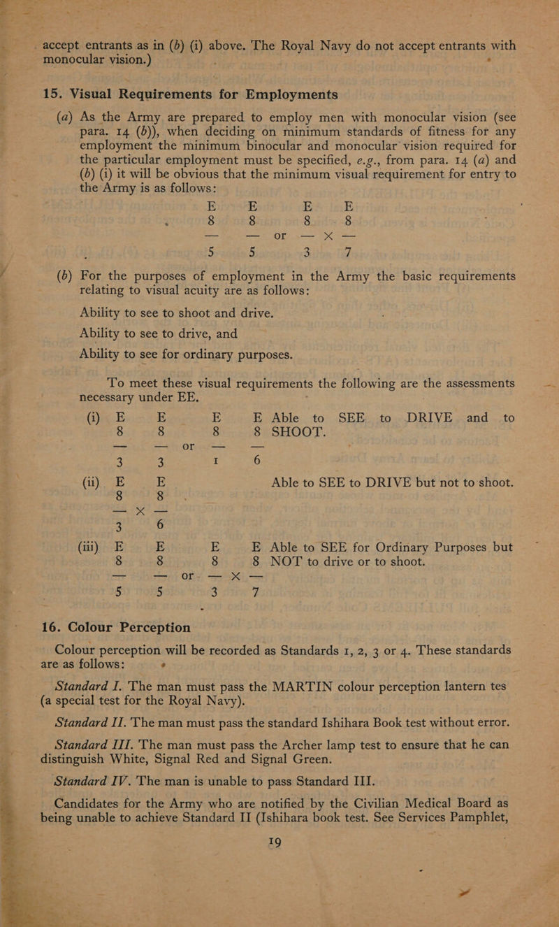 monocular vision.) . 15. Visual Requirements for Employments (a) As the Army are prepared to employ men with monocular vision (see para. 14 (6)), when deciding on minimum standards of fitness for any employment the minimum binocular and monocular vision required for the particular employment must be specified, e.g., from para. 14 (a) and (6) (i) it will be obvious that the minimum visual requirement for entry to the Army is as follows: E E E BE 8 8 8. = 8 —- — or — X — 5 5 4 7 / (6) For the purposes of employment in the Army the basic requirements relating to visual acuity are as follows: Ability to see to shoot and drive. Ability to see to drive, and Ability to see for ordinary purposes. To meet these visual requirements the eee are the assessments necessary under EE, Gc 5 E E E Able to SEE. to DRIVE. and to 8 8 8 8 SHOOT. 3 3 I 6 (ii), UE E Able to SEE to DRIVE but not to shoot. 8 8 —- SS =e 3 6 (iii) E E i E Able to SEE for Ordinary Purposes but 8 8 8 8 NOT to drive or to shoot. pas — or-— xX — 5 5 3 7 16. Colour Perception Colour perception will be recorded as Standards 1, 2, 3 or 4. These standards are as follows: . (a special test for the Royal Navy). Standard IT. 'The man must pass the standard Ishihara Book test without error. Standard III. The man must pass the Archer lamp test to ensure that he can distinguish White, Signal Red and Signal Green. Standard IV. 'The man is unable to pass Standard III. Candidates for the Army who are notified by the Civilian Medical Board as being unable to achieve Standard II (Ishihara book test. See Services Pamphlet, 19 