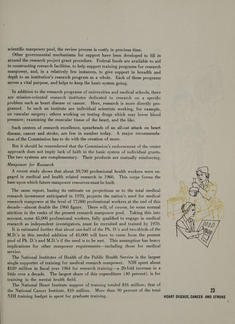 scientific manpower pool, the review process is costly in precious time. Other governmental mechanisms for support have been developed to fill in around the research project grant procedure. Federal funds are available to aid in constructing research facilities, to help support training programs for research manpower, and, in a relatively few instances, to give support in breadth and depth to an institution’s research program as a whole. Each of these programs serves a vital purpose, and helps to keep the basic system going. In addition to the research programs of universities and medical schools, there are mission-oriented research institutes dedicated to research on a specific problem such as heart disease or cancer. Here, research is more directly pro- gramed. In such an institute are individual scientists working, for example, on vascular surgery; others working on testing drugs which may lower blood pressure; examining the muscular tissue of the heart, and the like. Such centers of research excellence, spearheads of an all-out attack on heart disease, cancer and stroke, are few in number today. A major recommenda- tion of the Commission has to do with the creation of more. But it should be remembered that the Commission’s endorsement of the center approach does not imply lack of faith in the basic system of individual grants. The two systems are complementary. Their products are mutually reinforcing. Manpower for Research A recent study shows that about 39,700 professional health workers were en- gaged in medical and health related research in 1960. This corps forms the base upon which future manpower resources must be built. The same report, basing its estimate on projections as to the total medical research investment anticipated in 1970, projects the nation’s need for medical research manpower at the level of 77,000 professional workers at the end of this decade—almost double the 1960 figure. There will, of course, be some normal attrition in the ranks of the present research manpower pool. Taking this into account, some 45,000 professional workers, fully qualified to engage in medical It is estimated further that about one-half of the Ph. D.’s and two-thirds of the M.D.’s in this needed addition of 45,000 will have to come from the present pool of Ph. D.’s and M.D.’s if the need is to be met. This assumption has heavy implications for other manpower requirements—including those for medical service. The National Institutes of Health of the Public Health Service is the largest single supporter of training for medical research manpower. NIH spent about $189 million in fiscal year 1964 for research training—a 20-fold increase in a little over a decade. The largest share of this expenditure (40 percent) is for training in the mental health field. The National Heart Institute support of training totaled $16 million; that of the National Cancer Institute, $10 million. More than 90 percent of the total NIH training budget is spent for graduate training. 