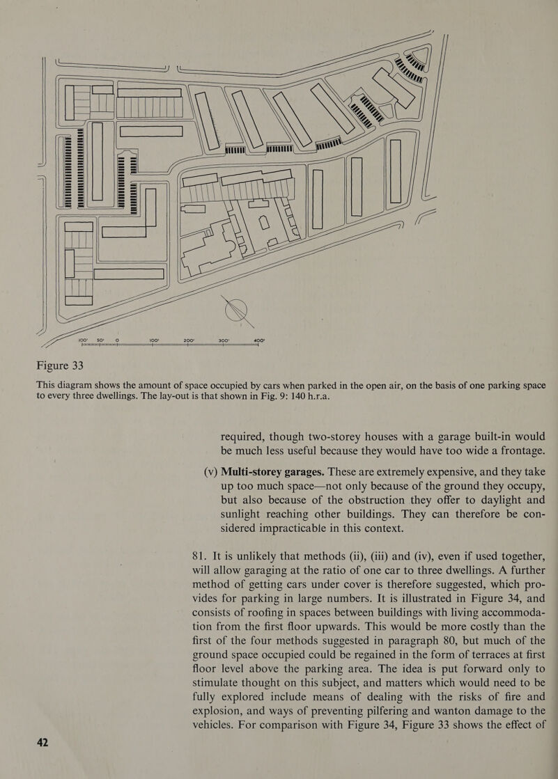   (HNUEGUONLUOHORUNUQOUUETEOUUE   NTUTEANOOD DTA DEANE      | c               42 required, though two-storey houses with a garage built-in would be much less useful because they would have too wide a frontage. (v) Multi-storey garages. These are extremely expensive, and they take up too much space—not only because of the ground they occupy, but also because of the obstruction they offer to daylight and sunlight reaching other buildings. They can therefore be con- sidered impracticable in this context. 81. It is unlikely that methods (ii), (iii) and (iv), even if used together, will allow garaging at the ratio of one car to three dwellings. A further method of getting cars under cover is therefore suggested, which pro- vides for parking in large numbers. It is illustrated in Figure 34, and consists of roofing in spaces between buildings with living accommoda- tion from the first floor upwards. This would be more costly than the first of the four methods suggested in paragraph 80, but much of the ground space occupied could be regained in the form of terraces at first floor level above the parking area. The idea is put forward only to stimulate thought on this subject, and matters which would need to be fully explored include means of dealing with the risks of fire and explosion, and ways of preventing pilfering and wanton damage to the vehicles. For comparison with Figure 34, Figure 33 shows the effect of